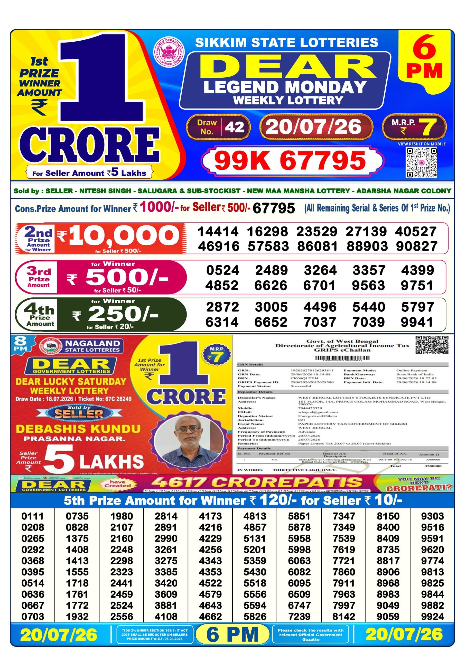 Dear 6 PM Result 20 July 2026