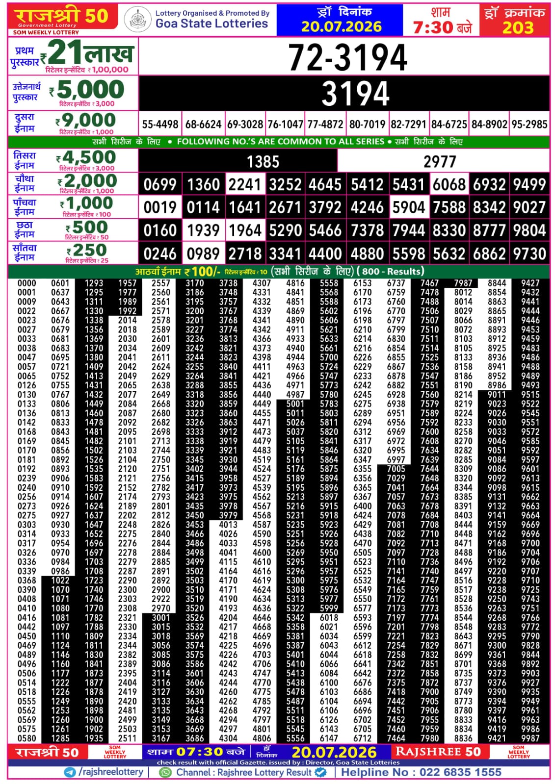 Rajshree 50 7:30 PM Result 20 July 2026