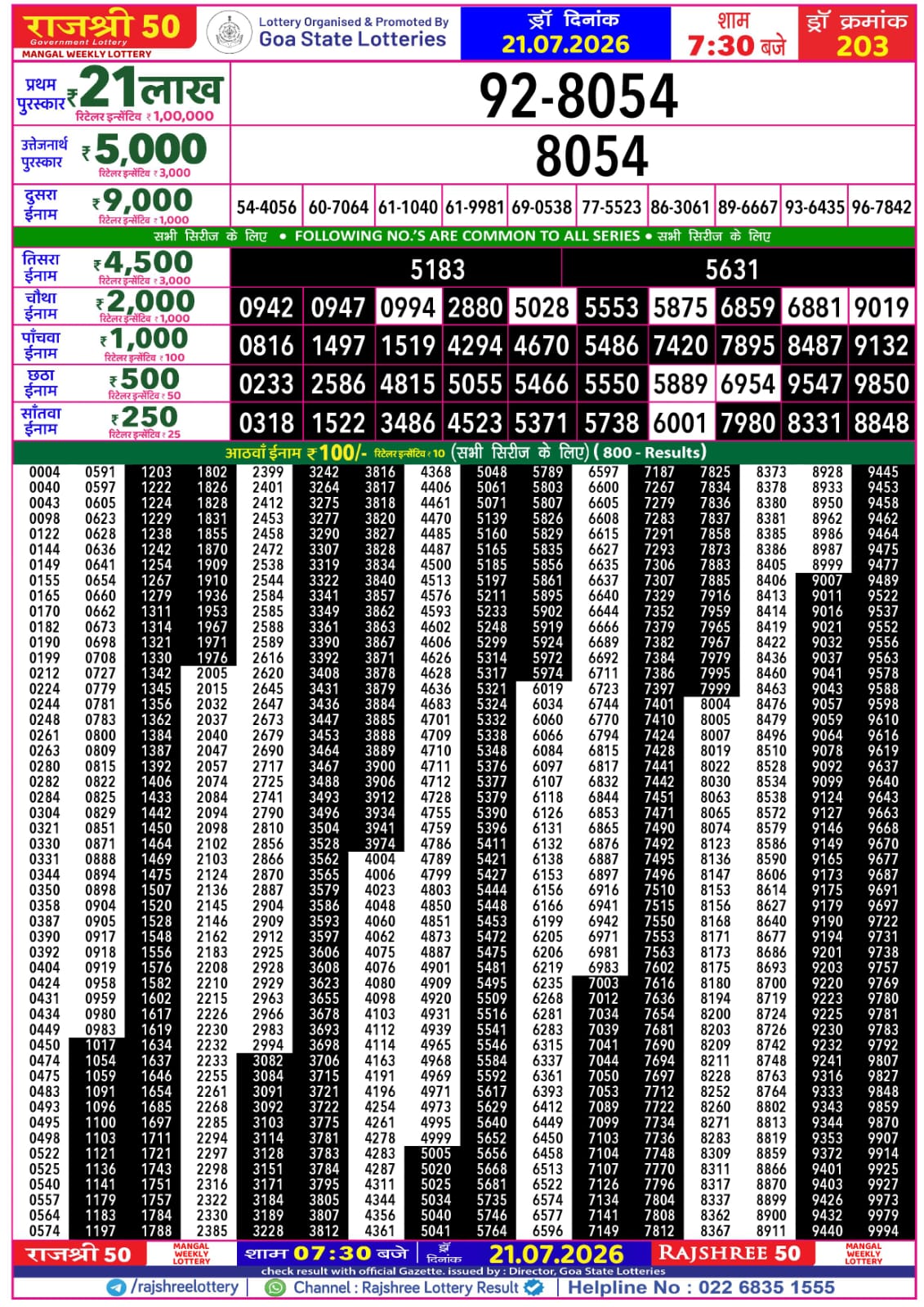 Rajshree 50 7:30 PM Result 21 July 2026