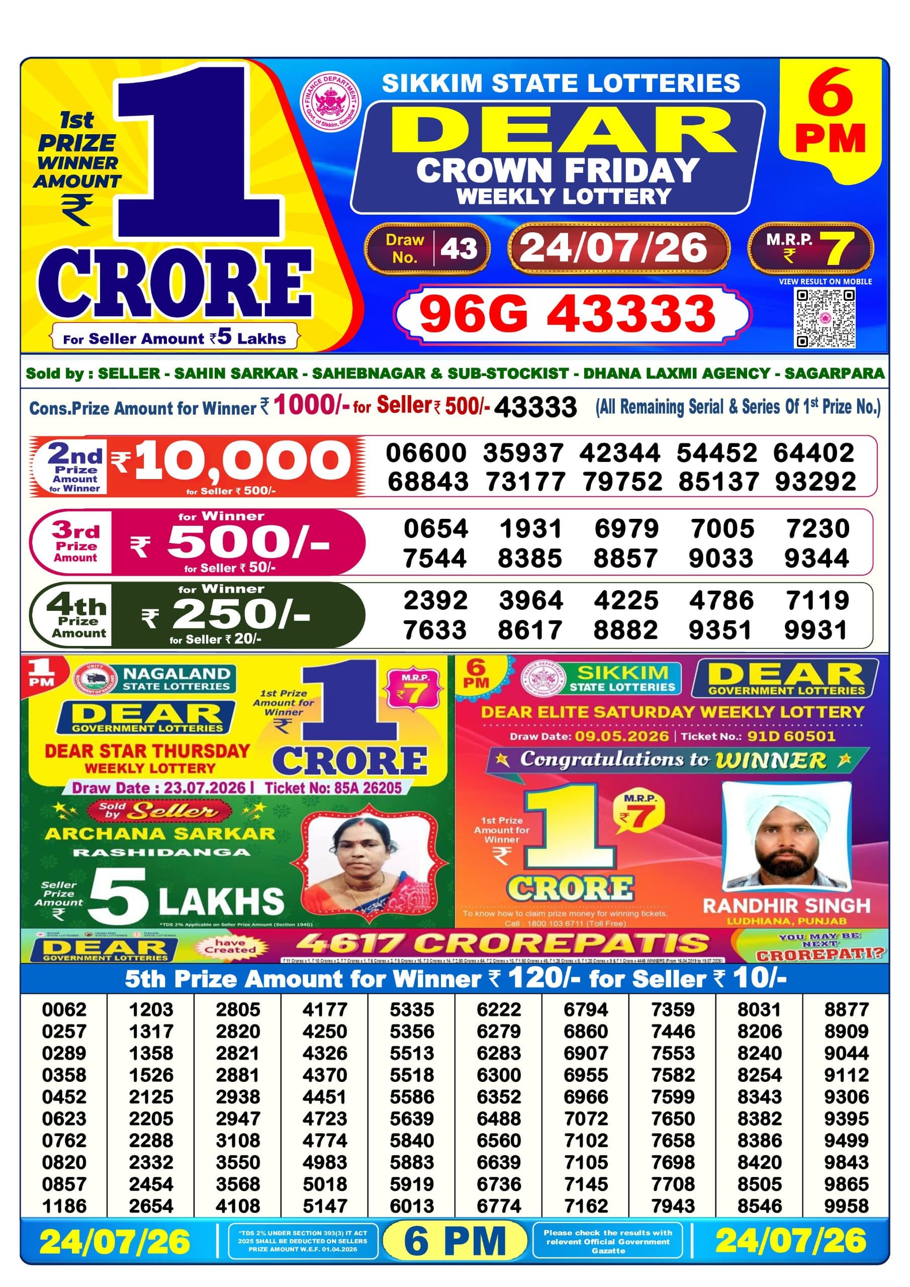 Dear 6 PM Result 24 July 2026