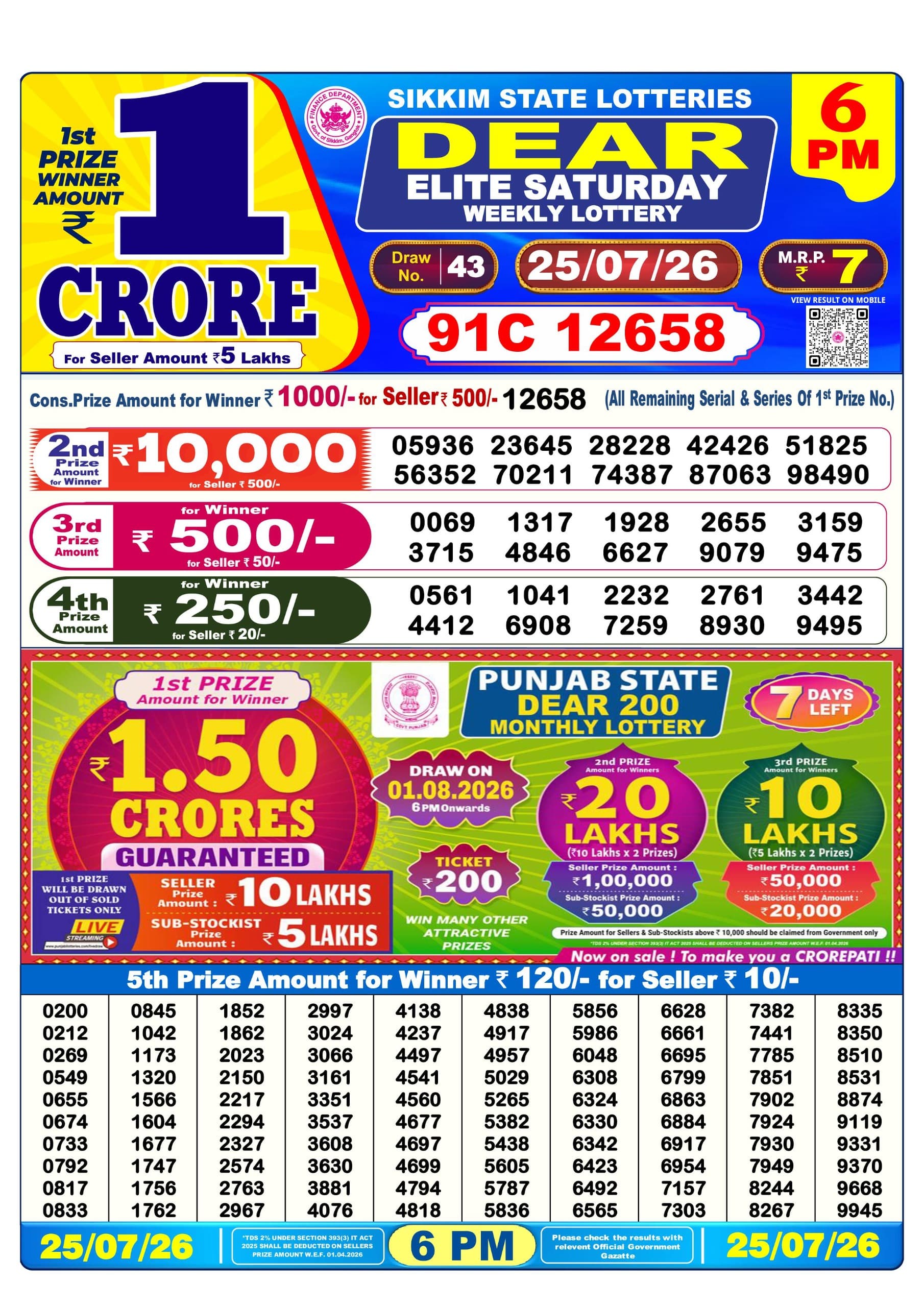 Dear 6 PM Result 25 July 2026