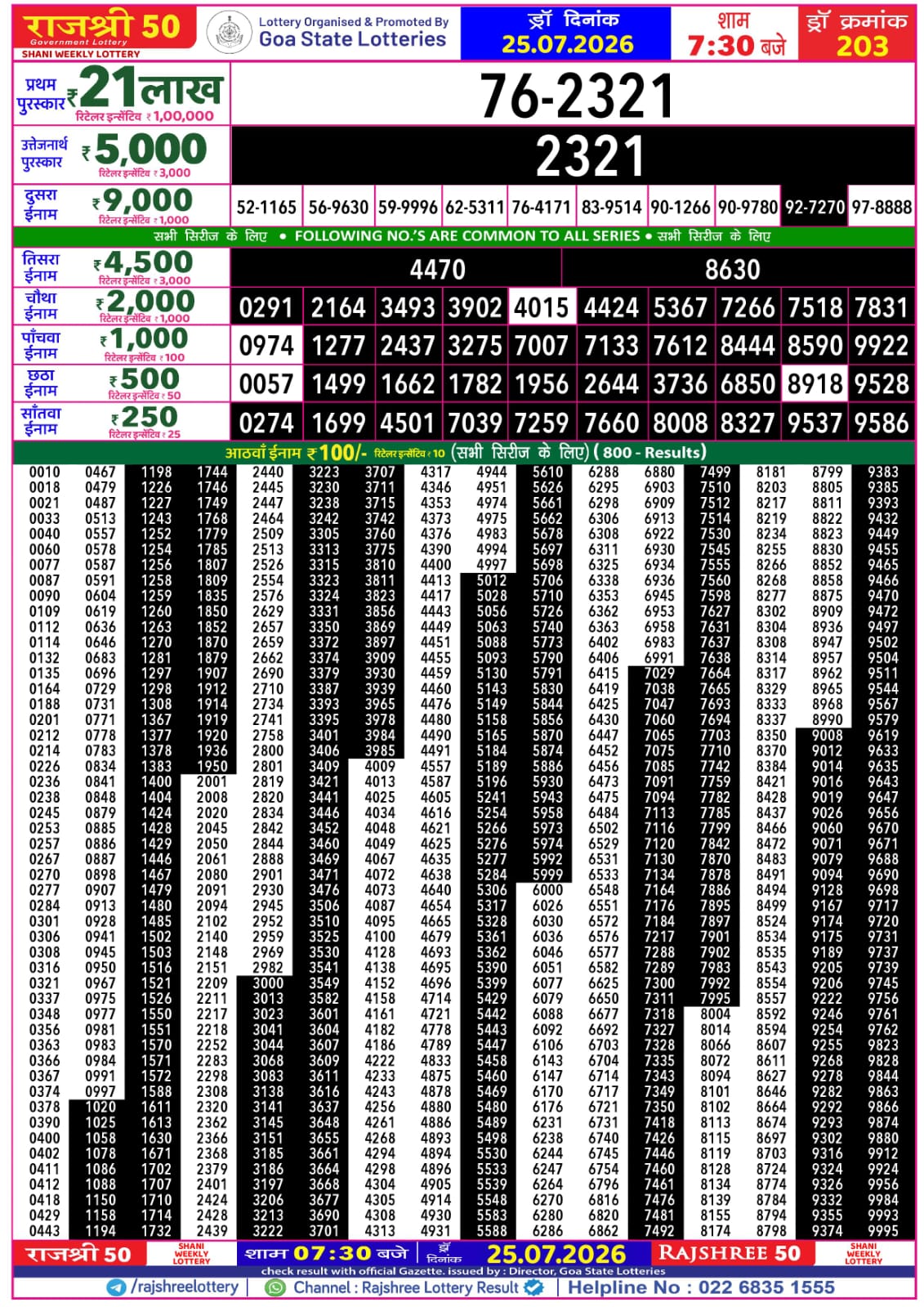 Rajshree 50 7:30 PM Result 25 July 2026