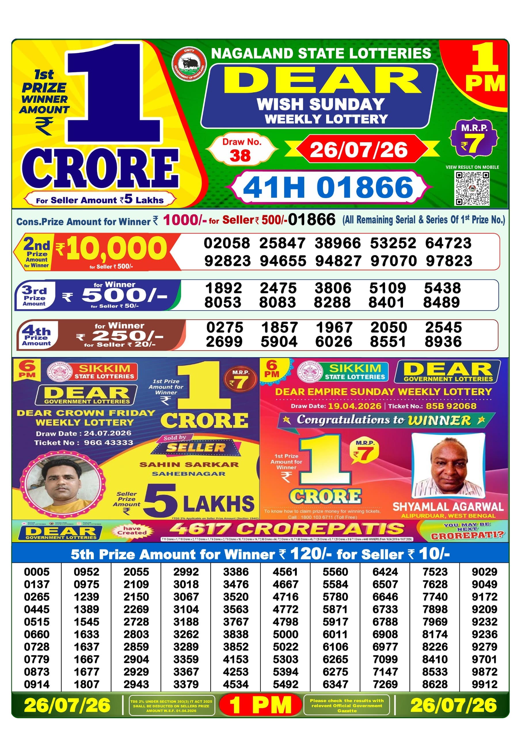 Dear 1 PM Result 26 July 2026