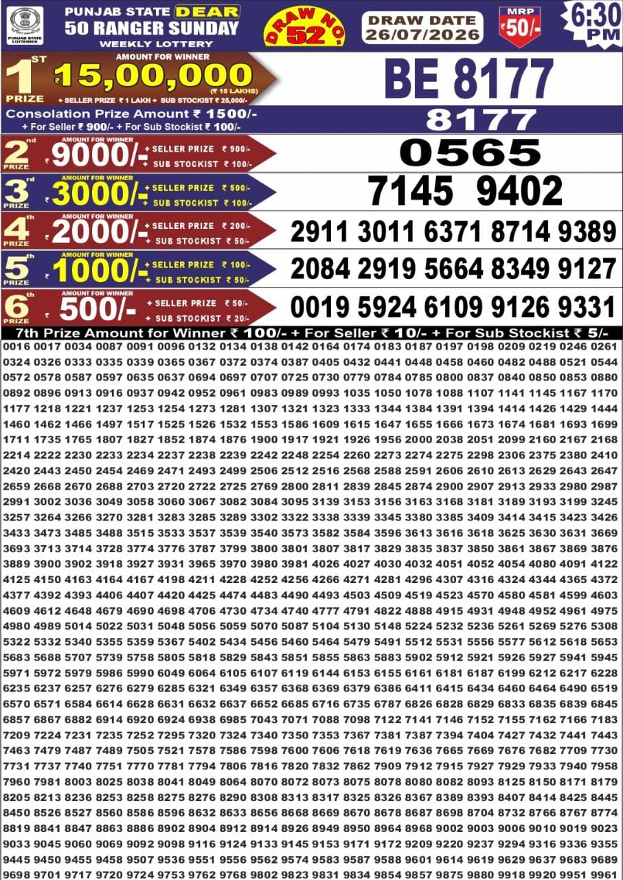 Punjab Dear 50 6:30 PM Result 26 July 2026