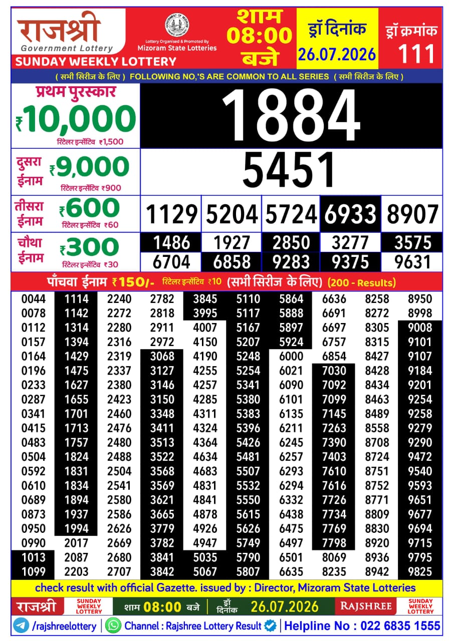 Rajshree 8 PM Result 26 July 2026