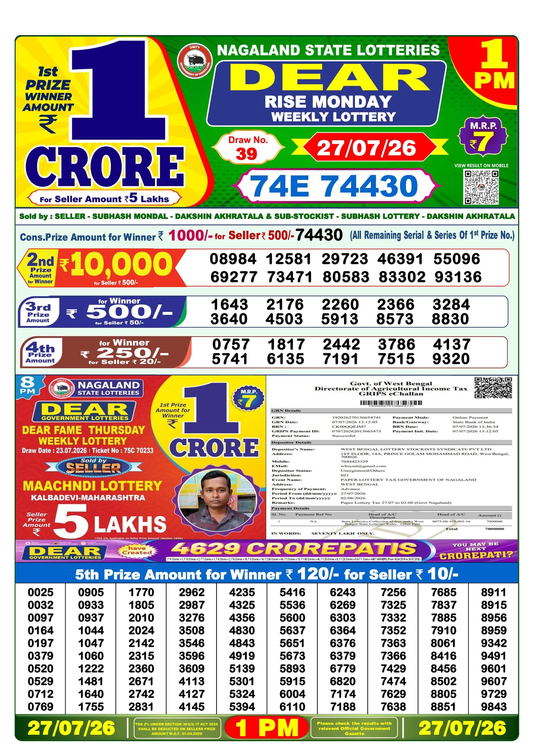 Dear 1 PM Result 27 July 2026