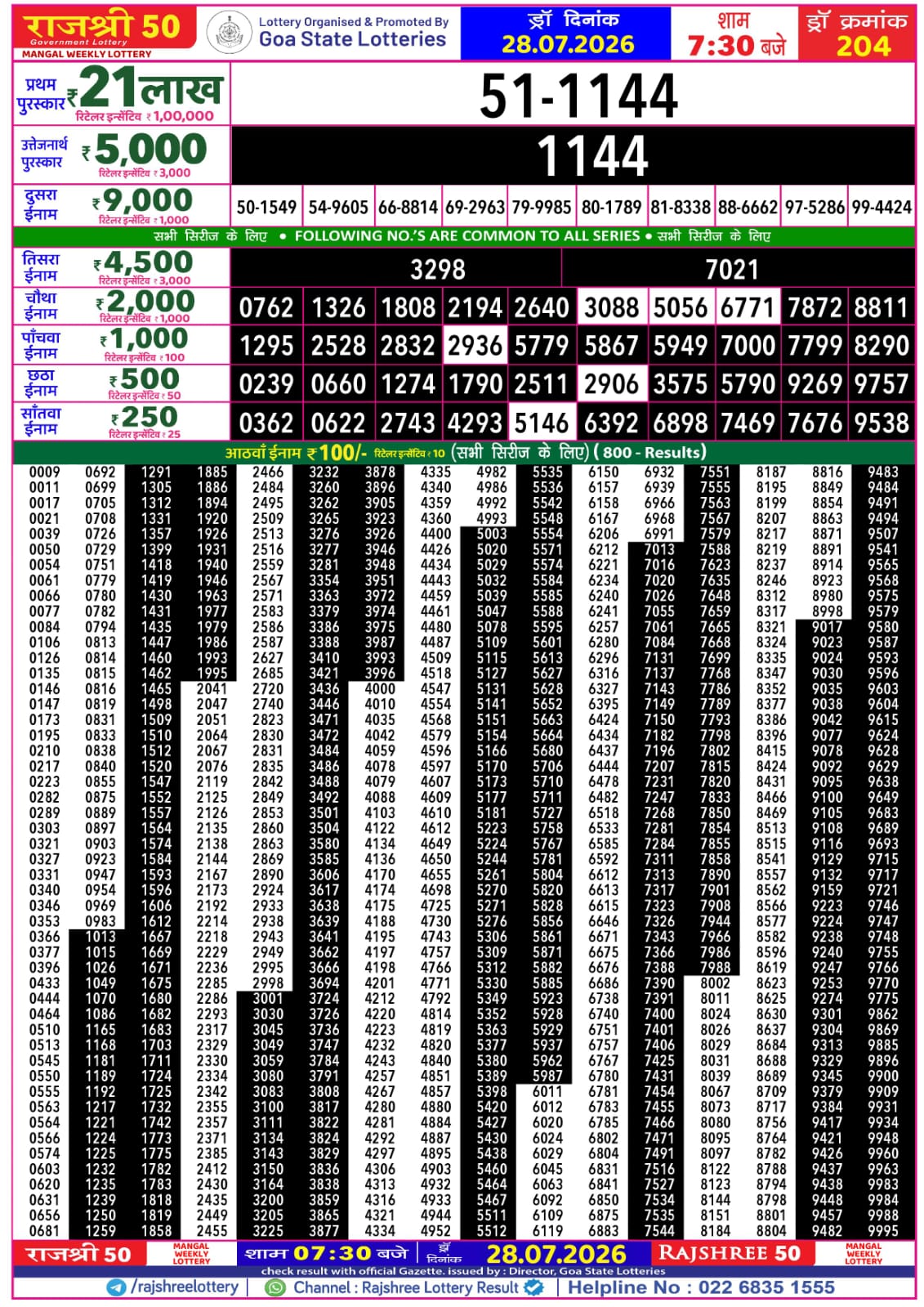 Rajshree 50 7:30 PM Result 28 July 2026