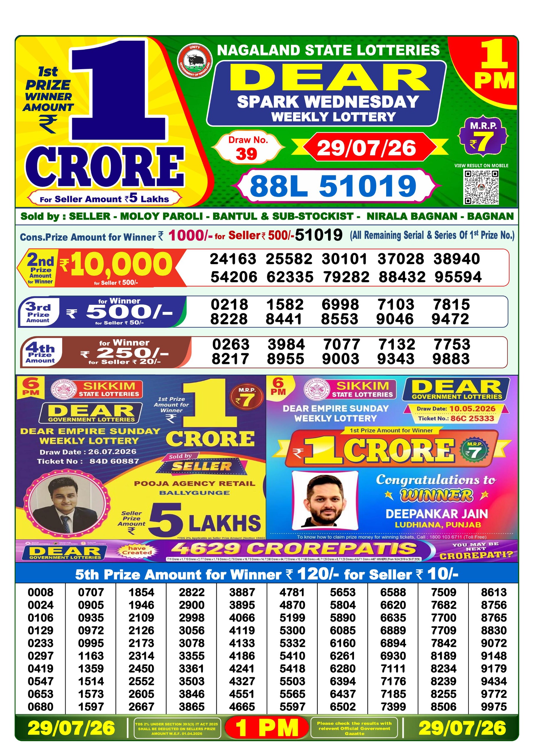 Dear 1 PM Result 29 July 2026