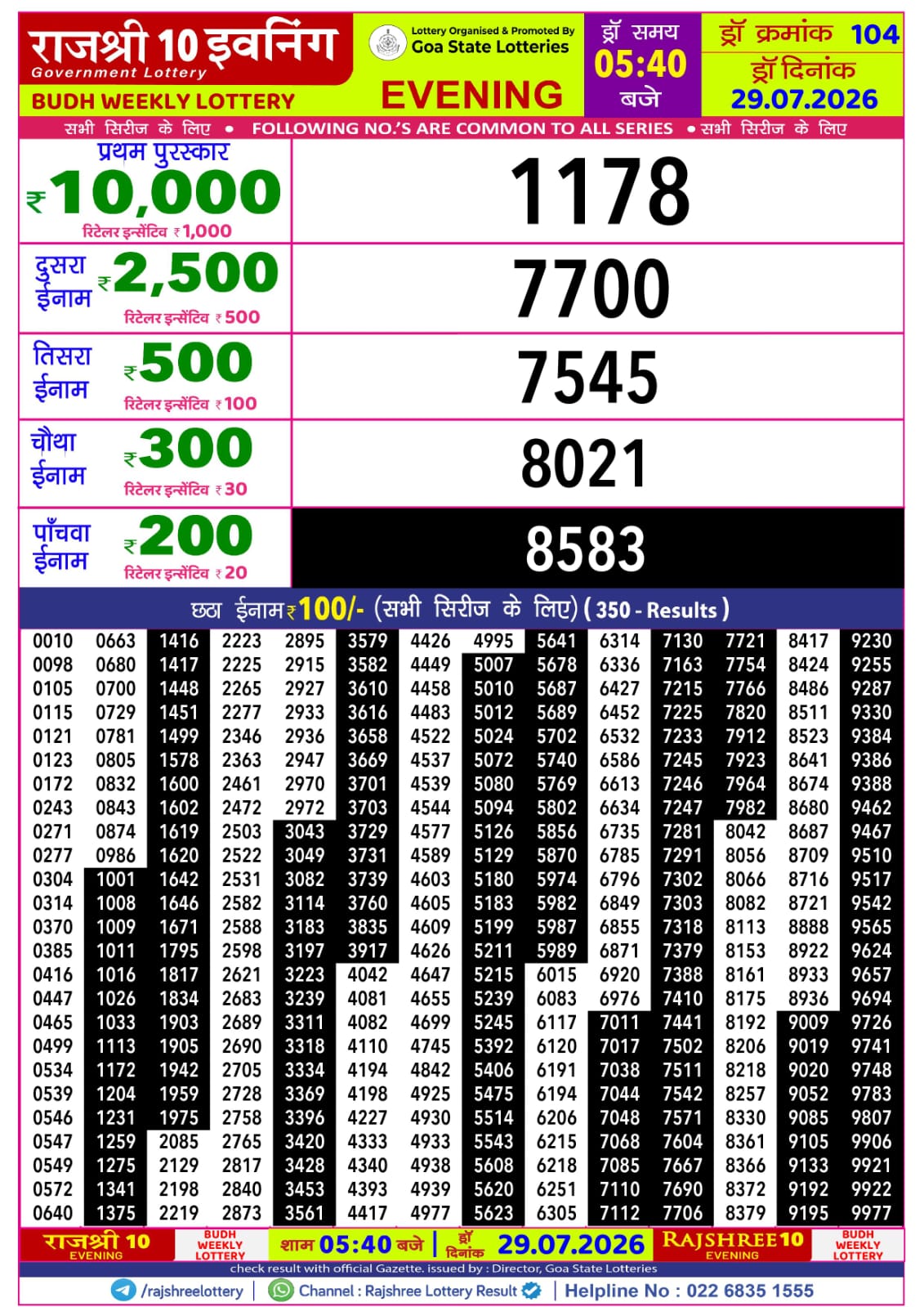 Rajshree 10 Evening 5:40 PM Result 29 July 2026