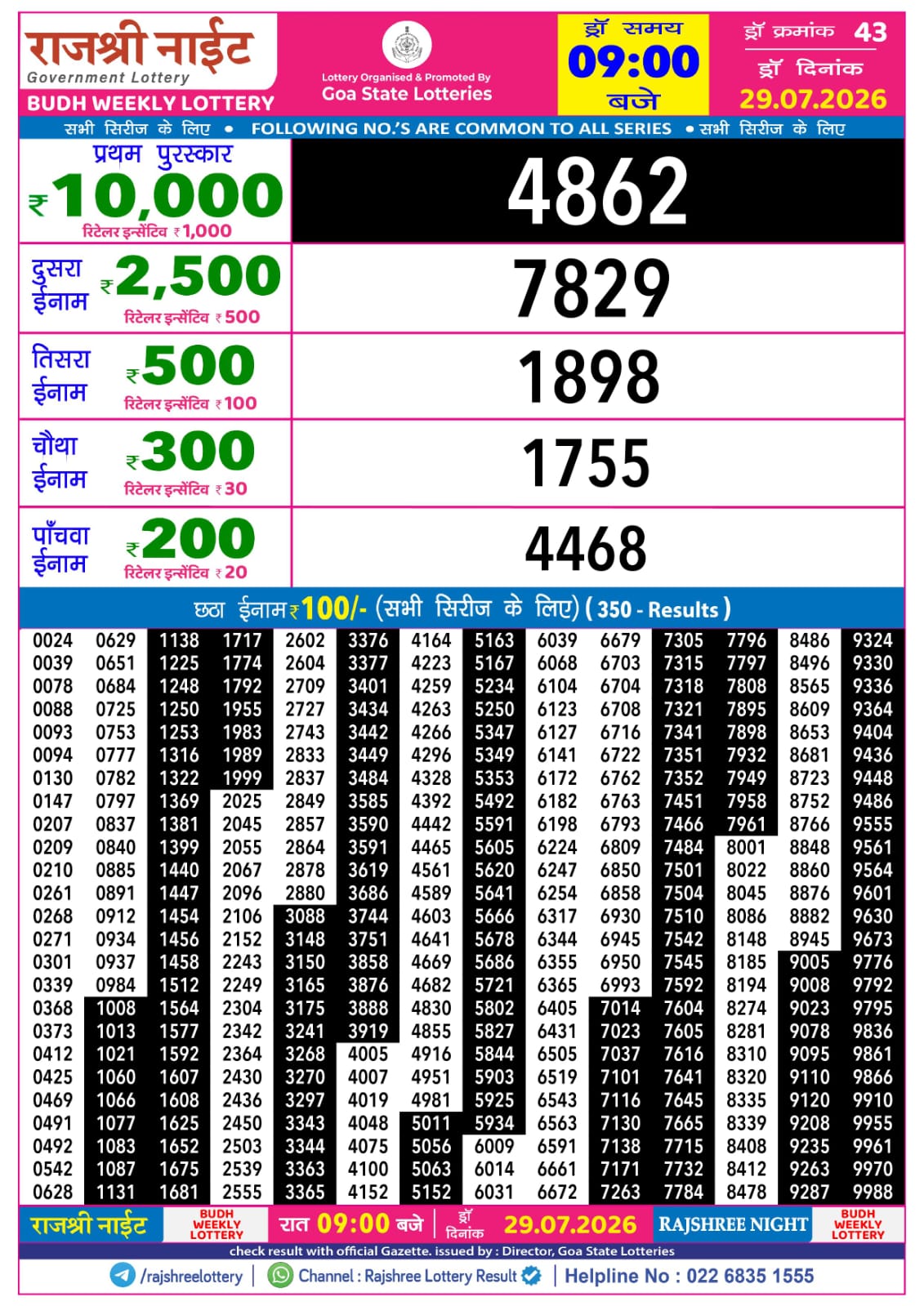 Rajshree Night 9 PM Result 29 July 2026