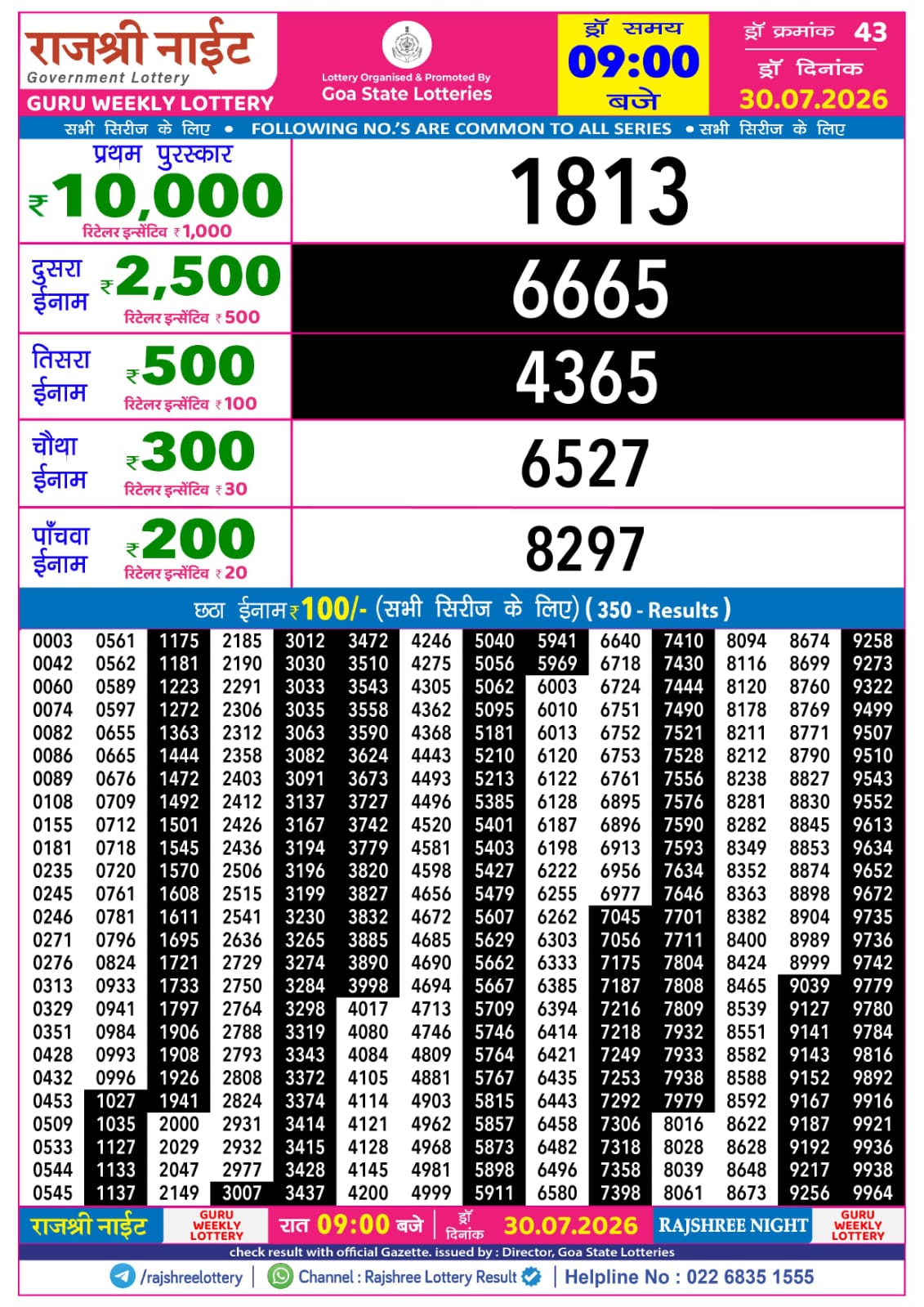 Rajshree Night 9 PM Result 30 July 2026