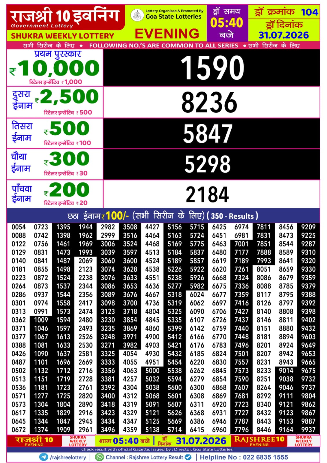 Rajshree 10 Evening 5:40 PM Result 31 July 2026