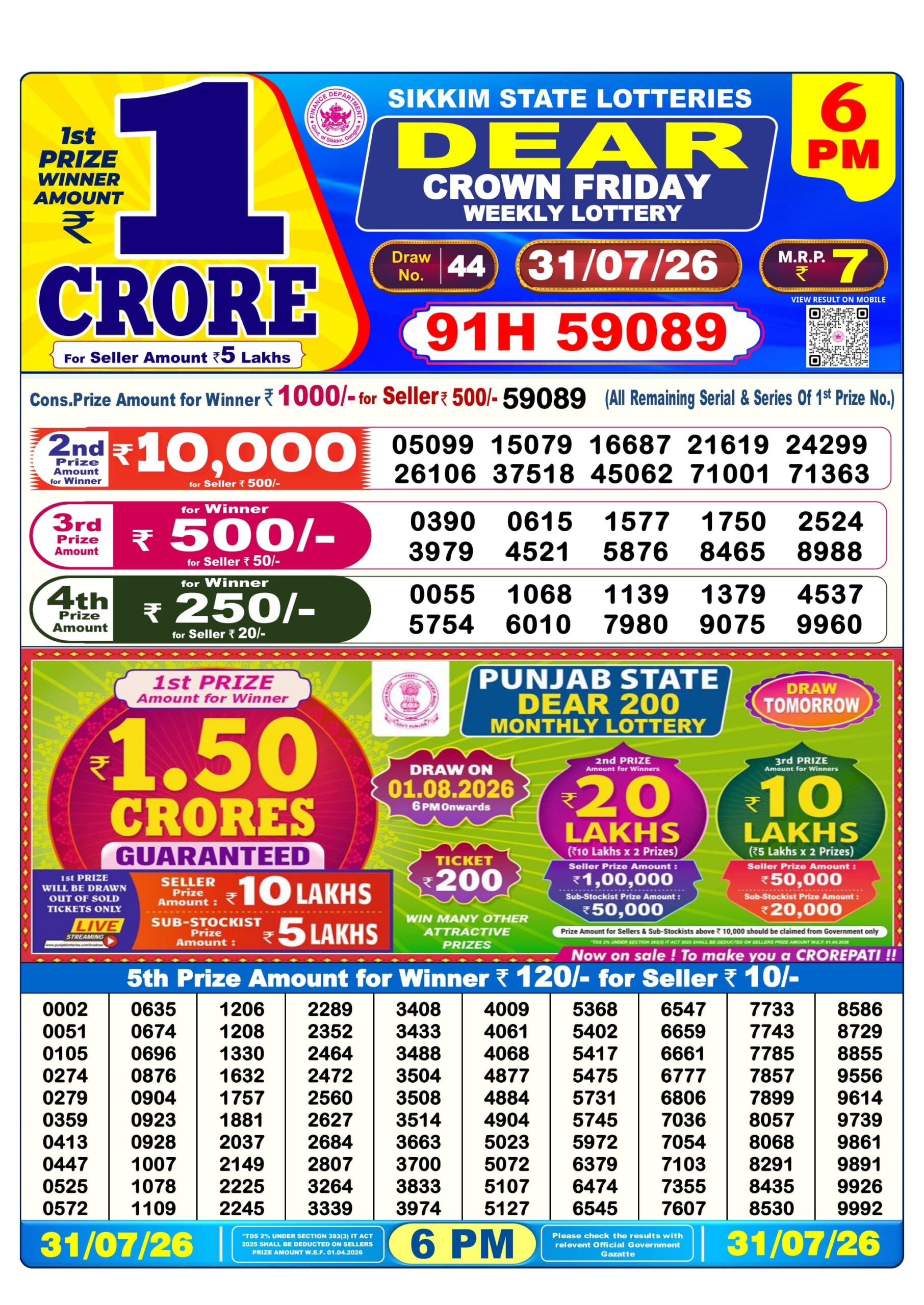 Dear 6 PM Result 31 July 2026
