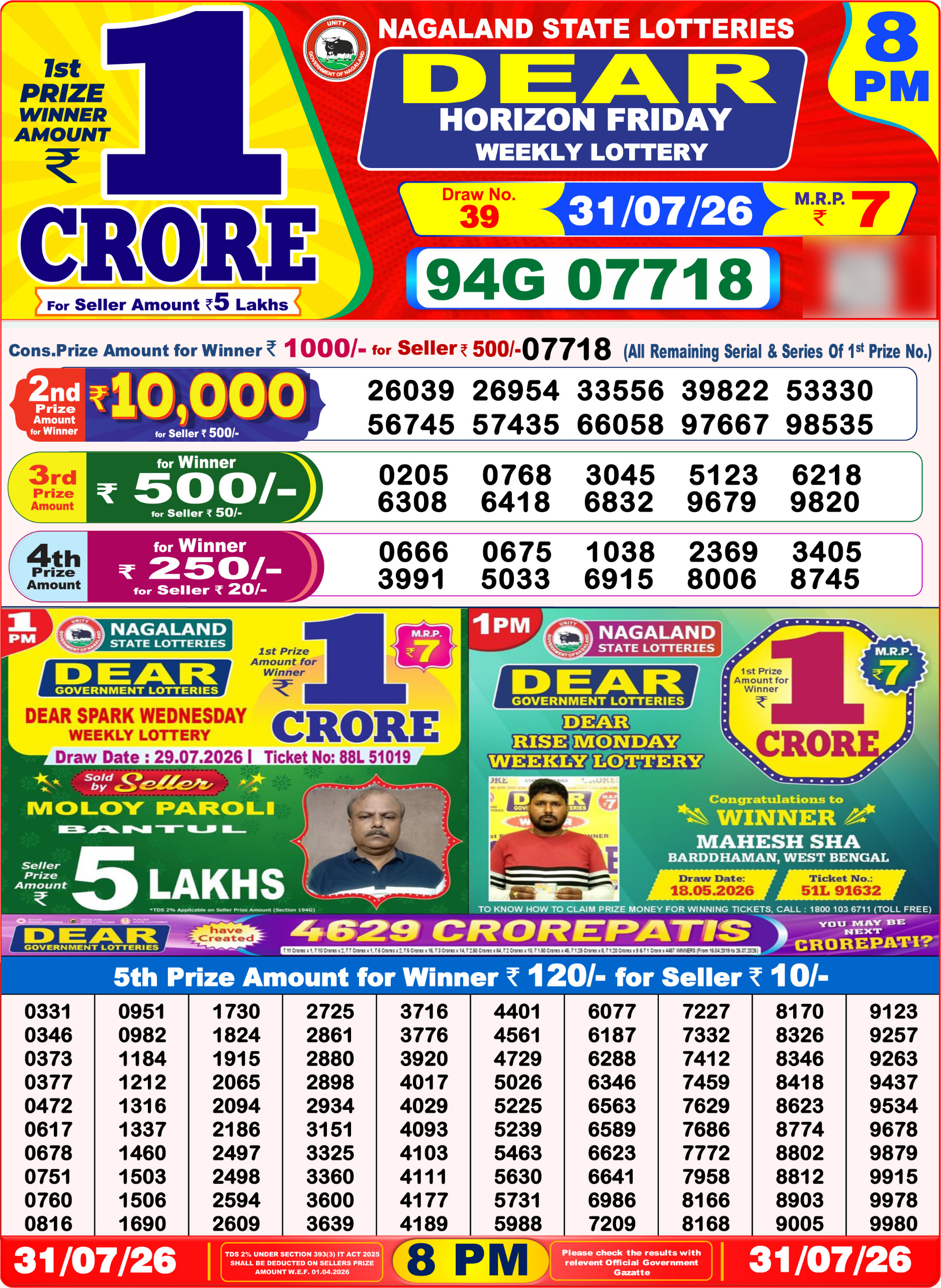 Dear 8 PM Result 31 July 2026