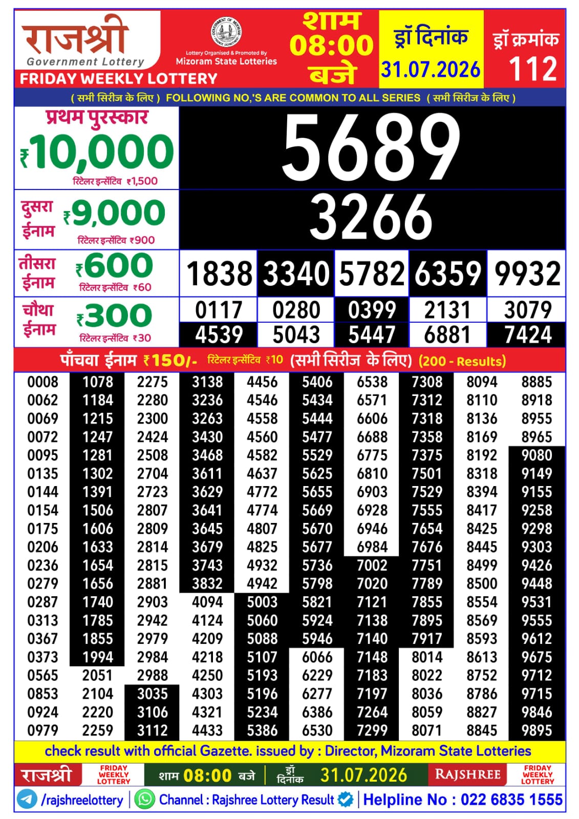 Rajshree 8 PM Result 31 July 2026