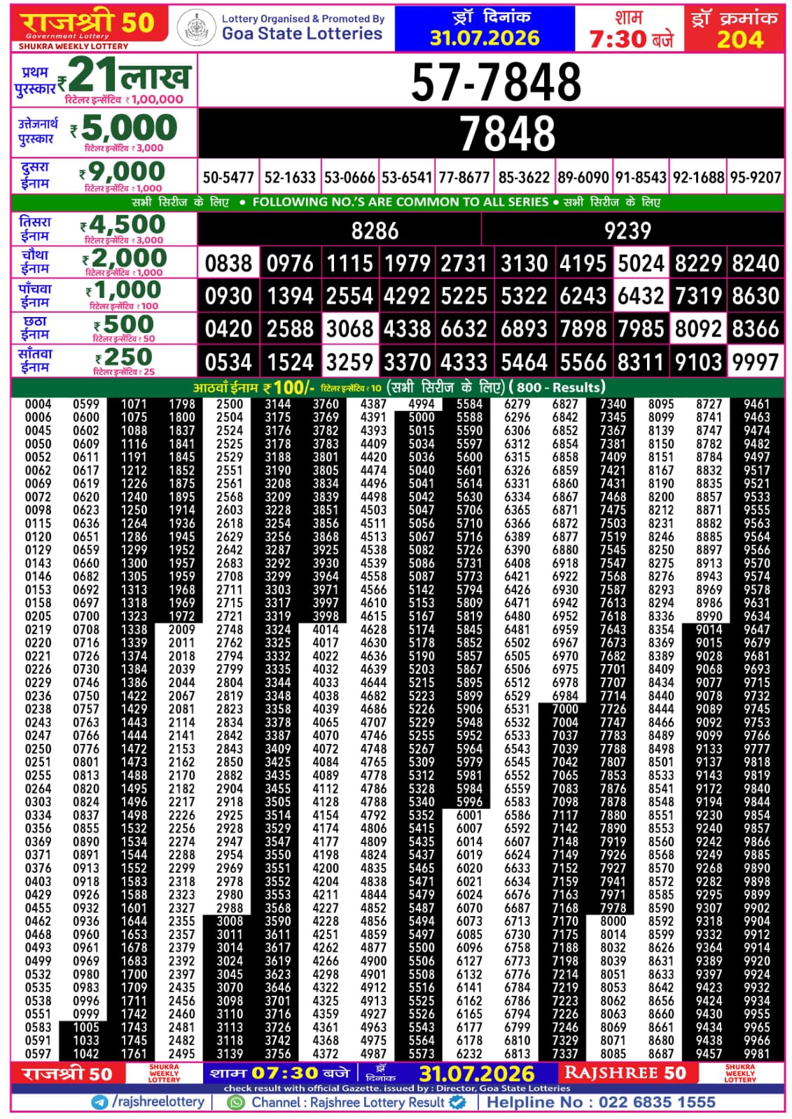 Rajshree 50 7:30 PM Result 31 July 2026
