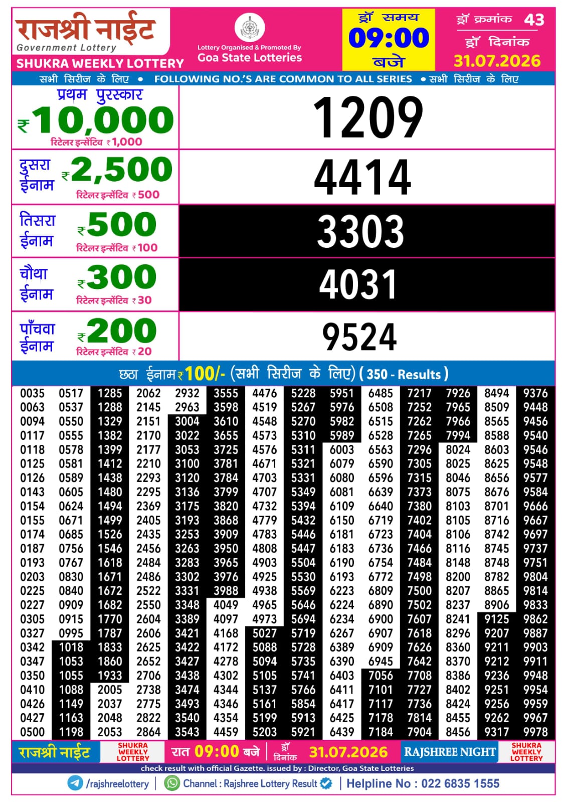 Rajshree Night 9 PM Result 31 July 2026