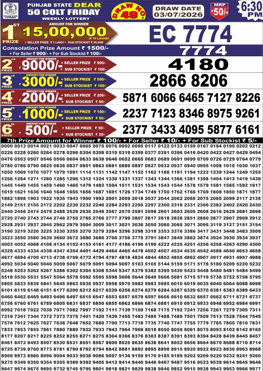 Punjab Dear 50 6:30 PM Result 03 July 2026