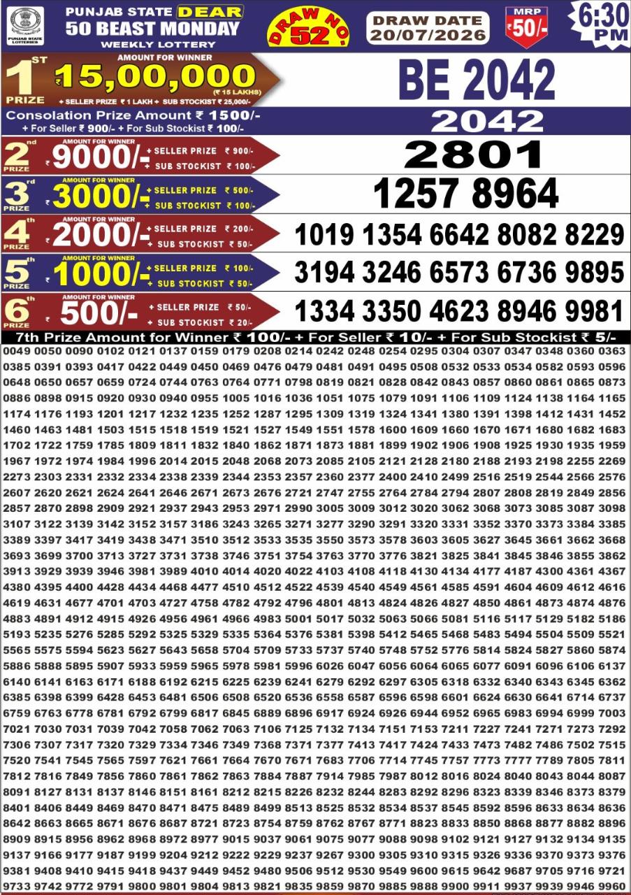 Punjab Dear 50 6:30 PM Result 20 July 2026