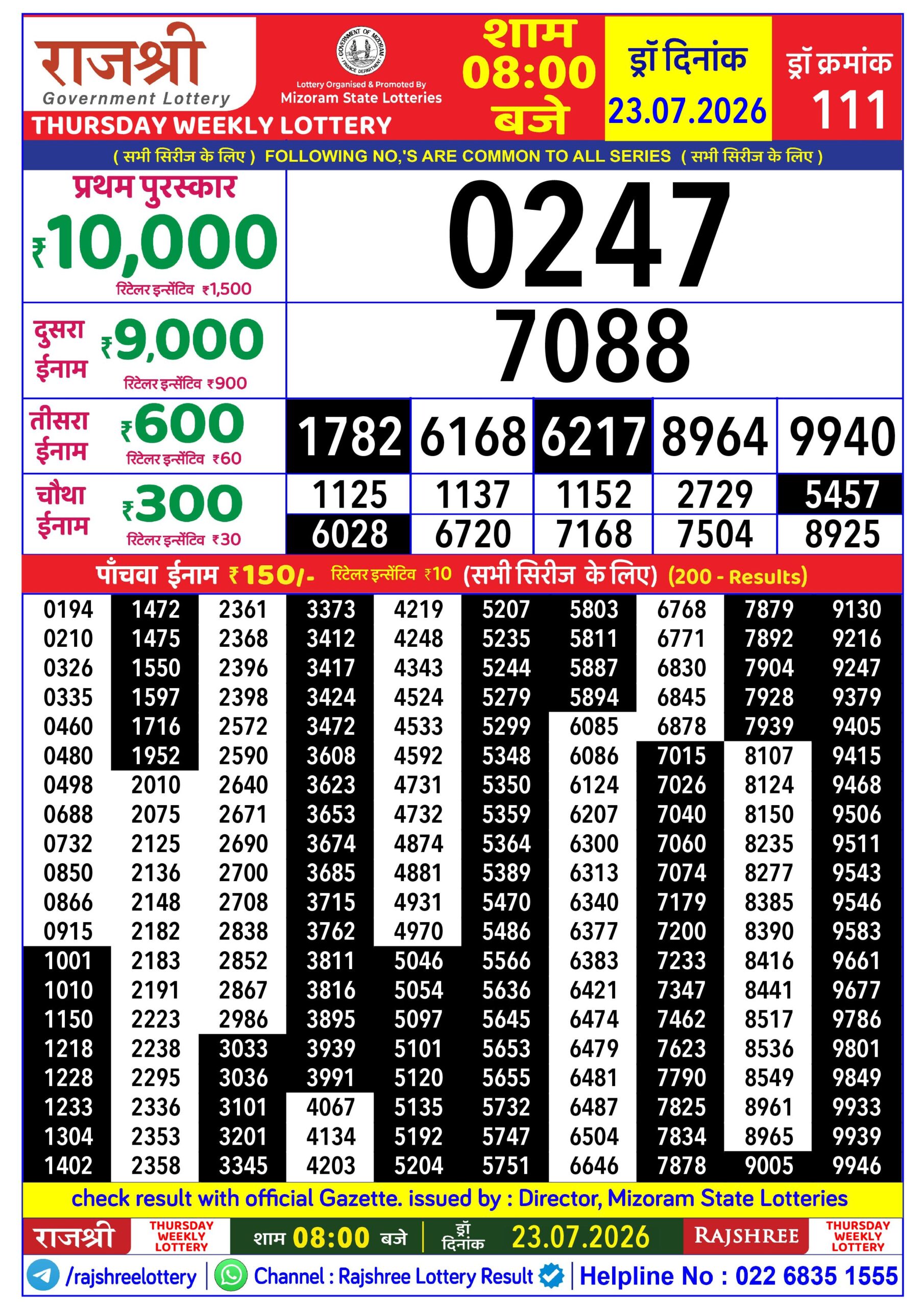 Rajshree 8 PM Result 23 July 2026