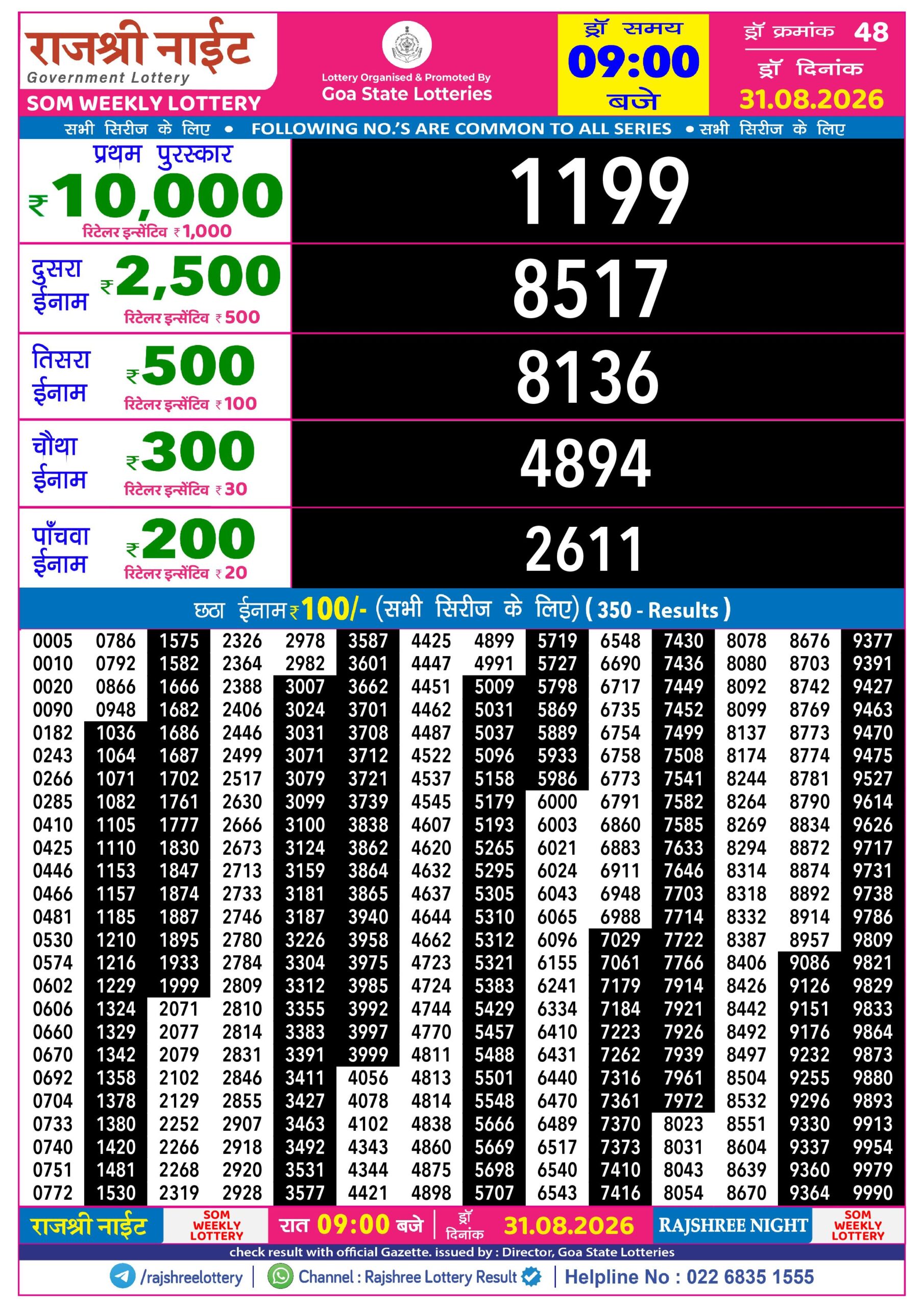 Rajshree Night 9 PM Result 31 August 2026