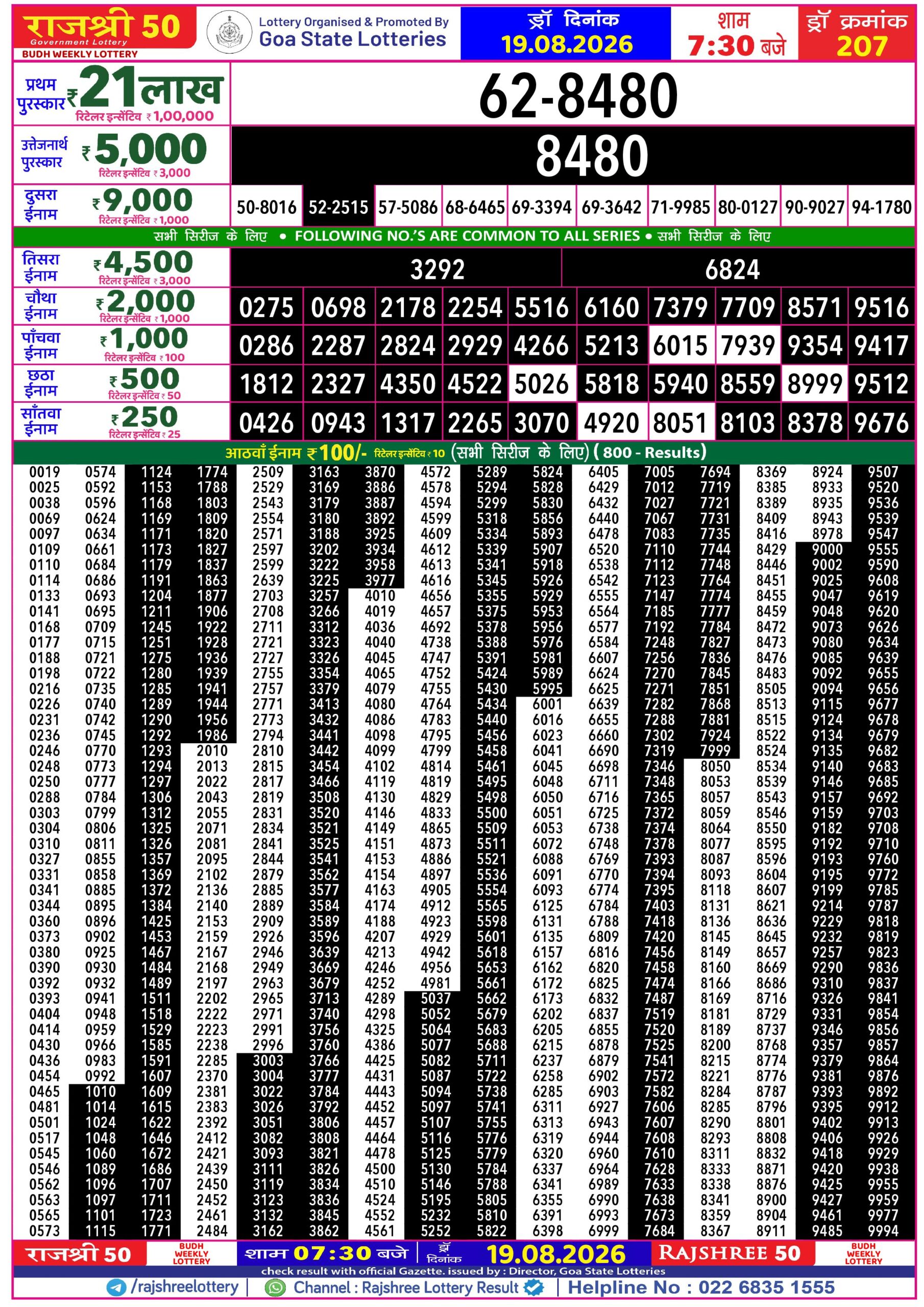 Rajshree 50 7:30 PM Result 19 August 2026