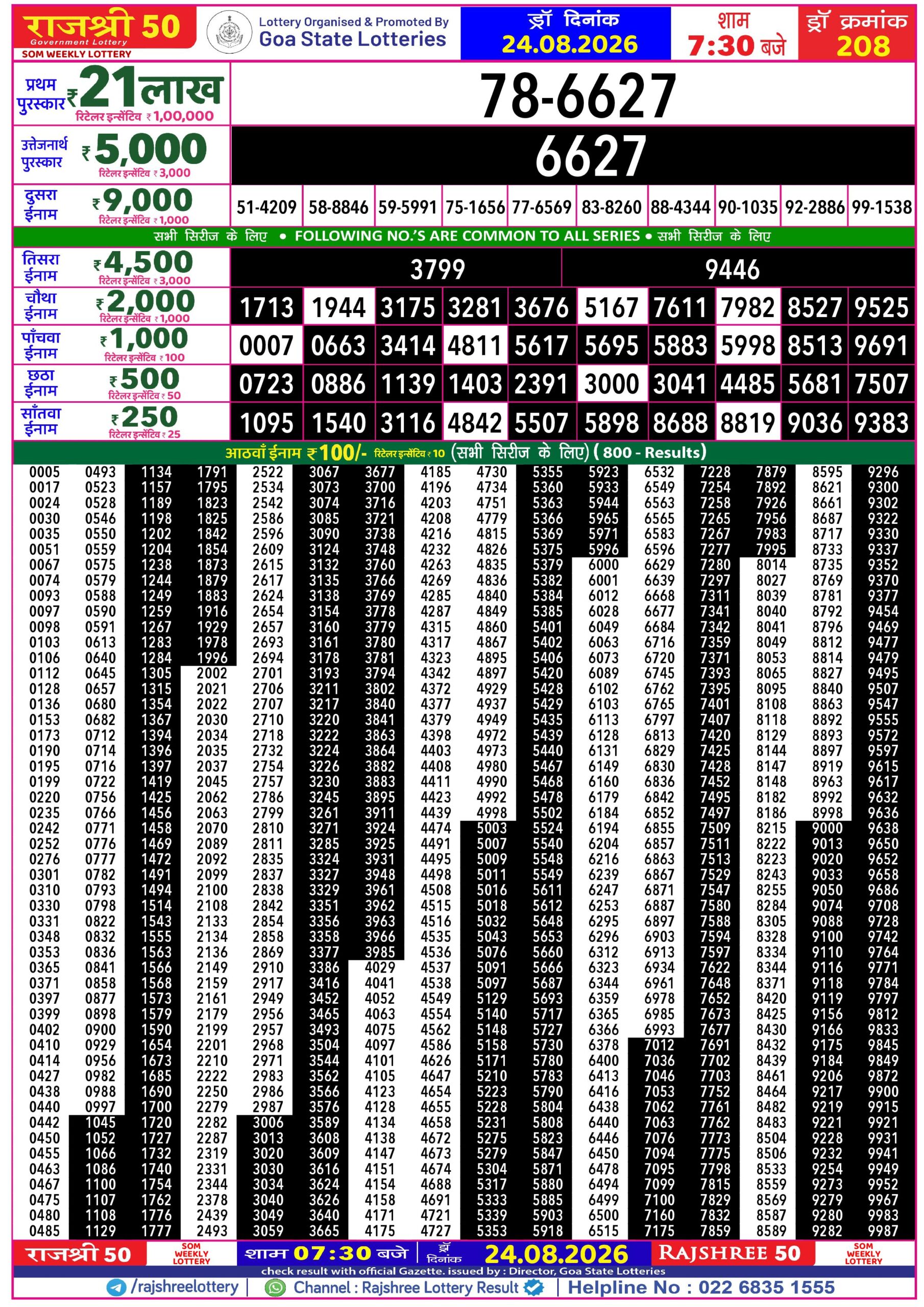 Rajshree 50 7:30 PM Result 24 August 2026