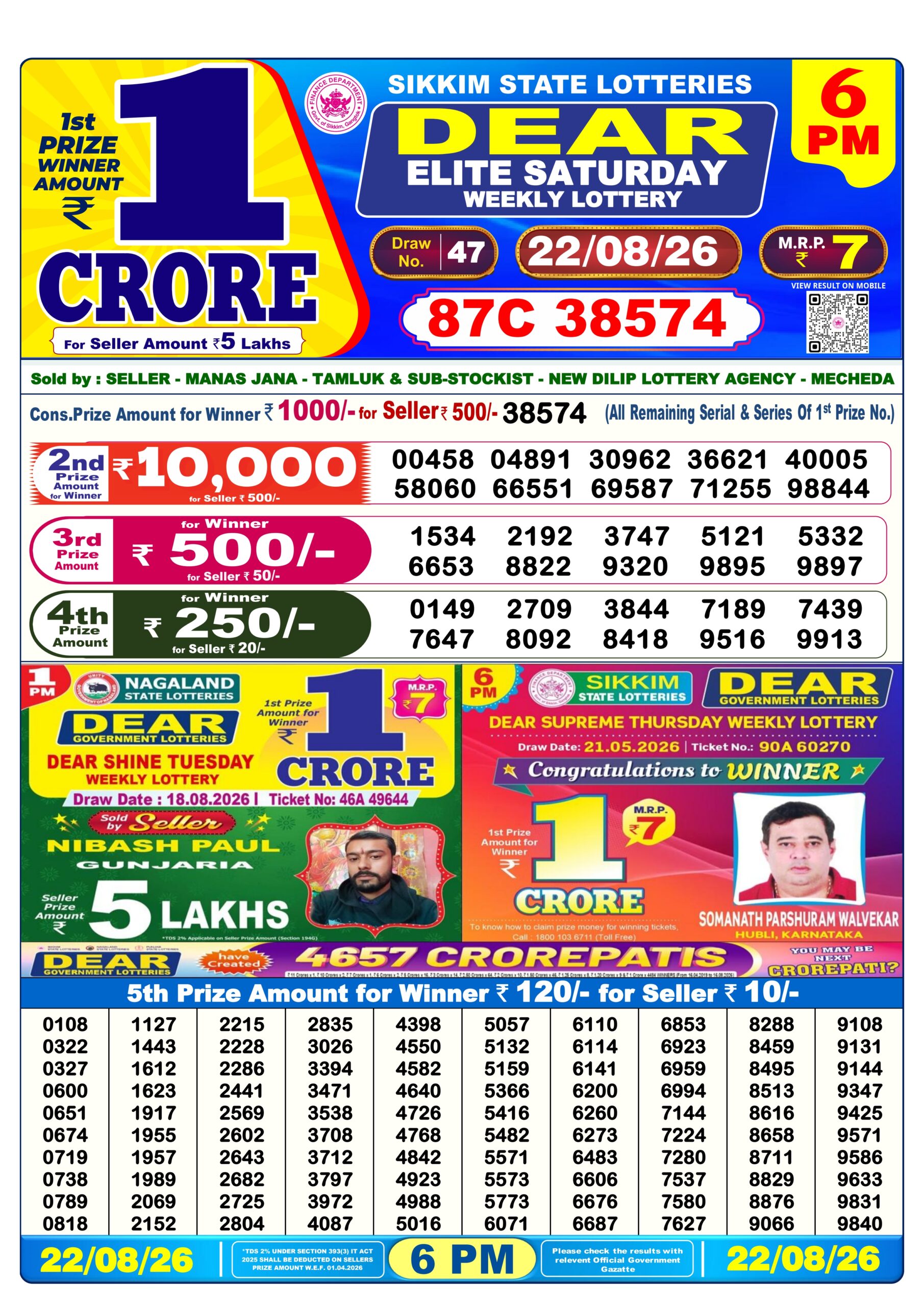Dear 6 PM Result 22 August 2026
