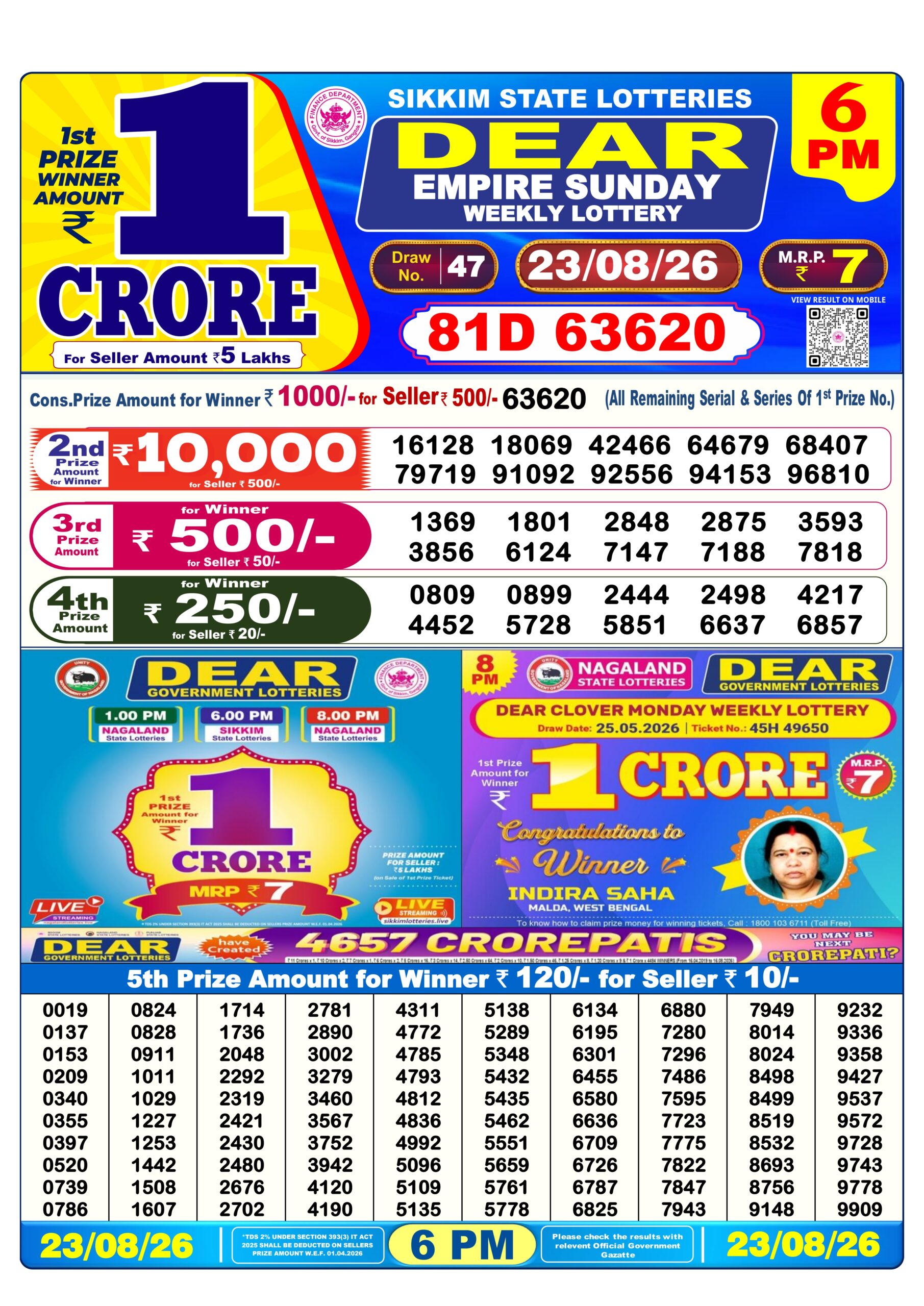 Dear 6 PM Result 23 August 2026