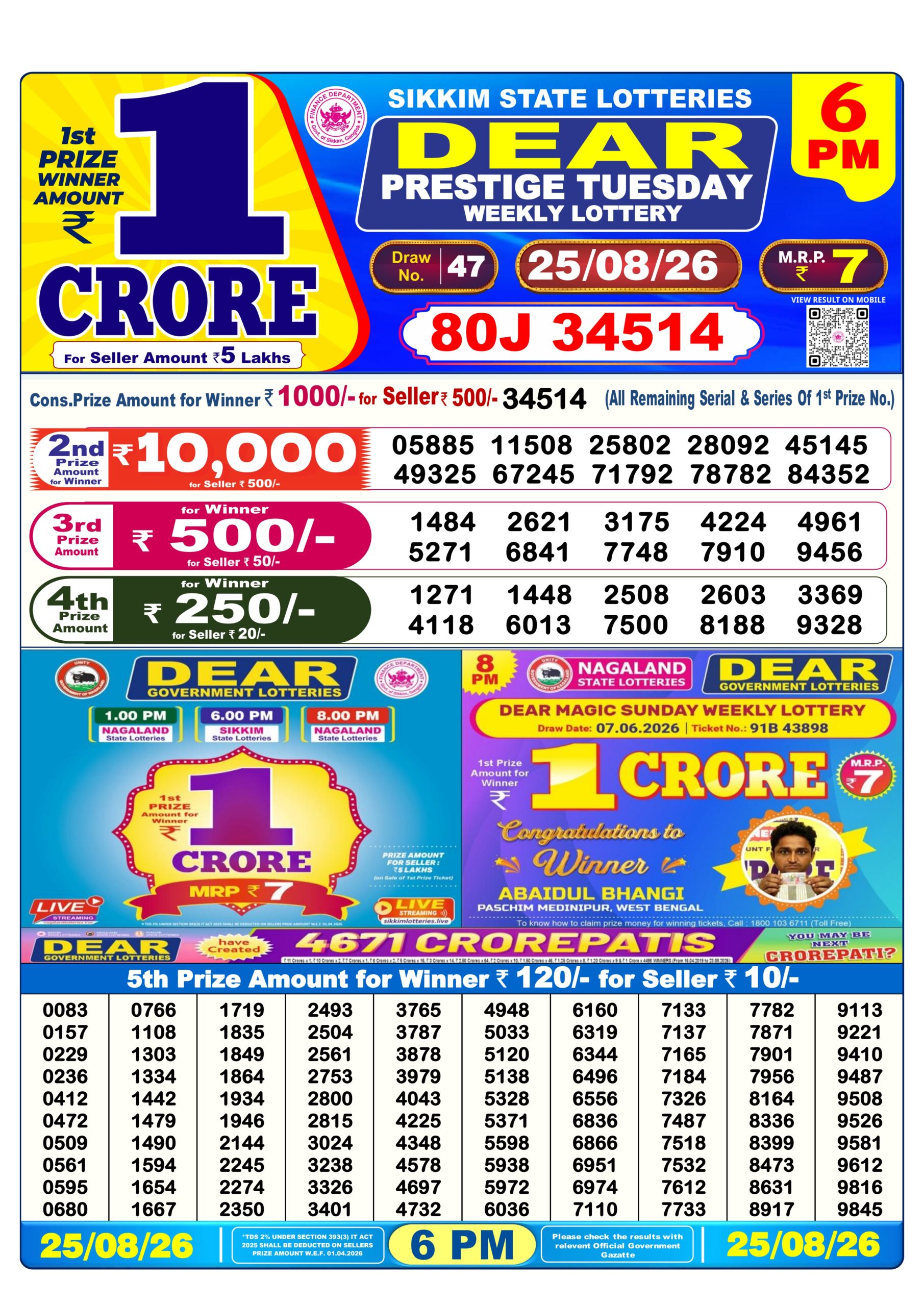 Dear 6 PM Result 25 August 2026