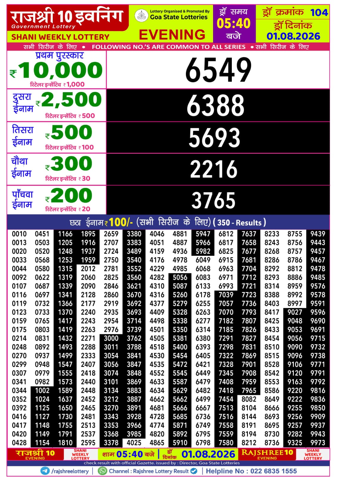 Rajshree 10 Evening 5:40 PM Result 01 August 2026