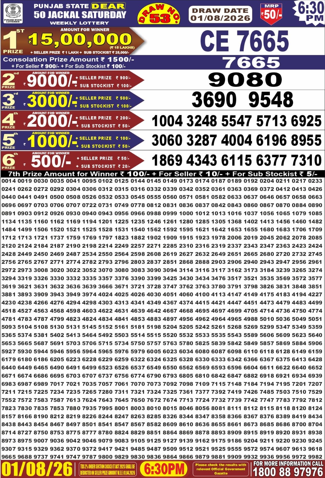 Punjab Dear 50 6:30 PM Result 01 August 2026