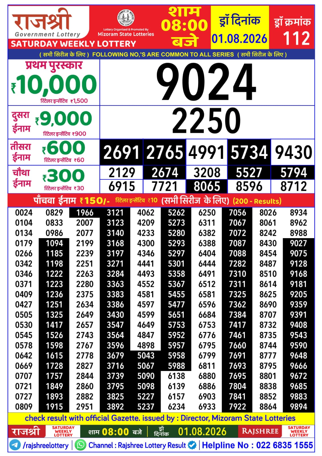 Rajshree 8 PM Result 01 August 2026