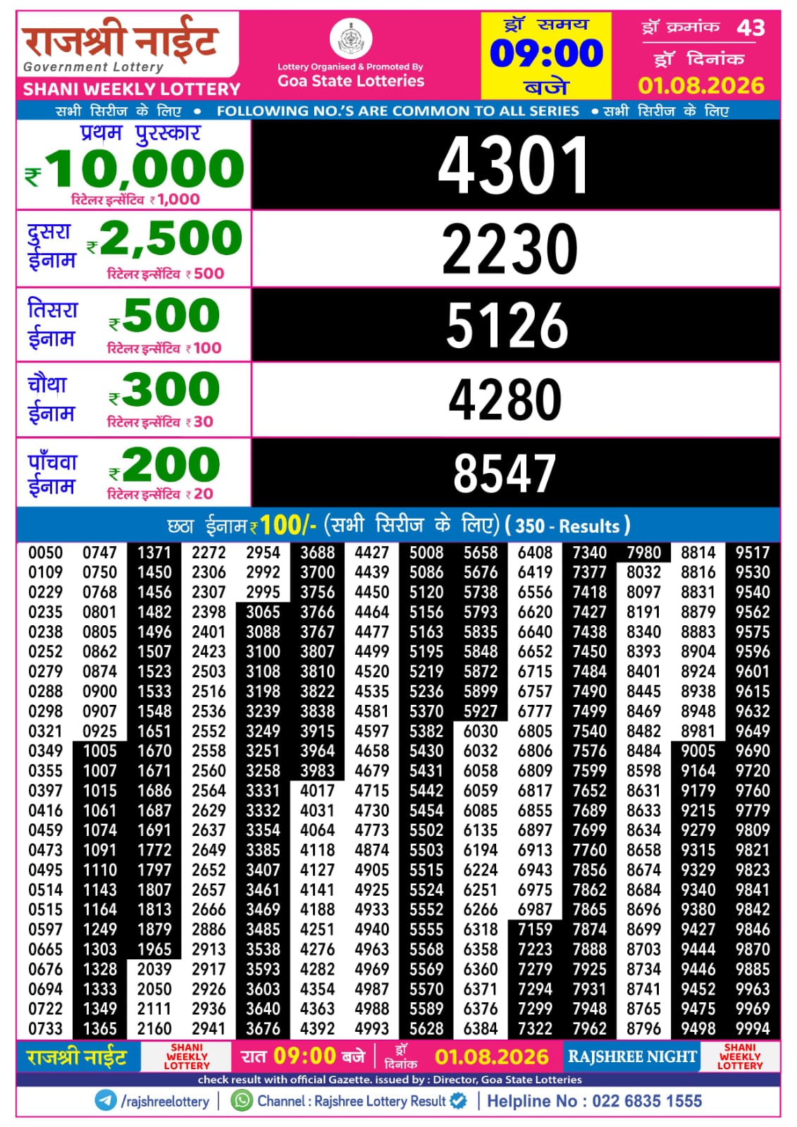 Rajshree Night 9 PM Result 01 August 2026