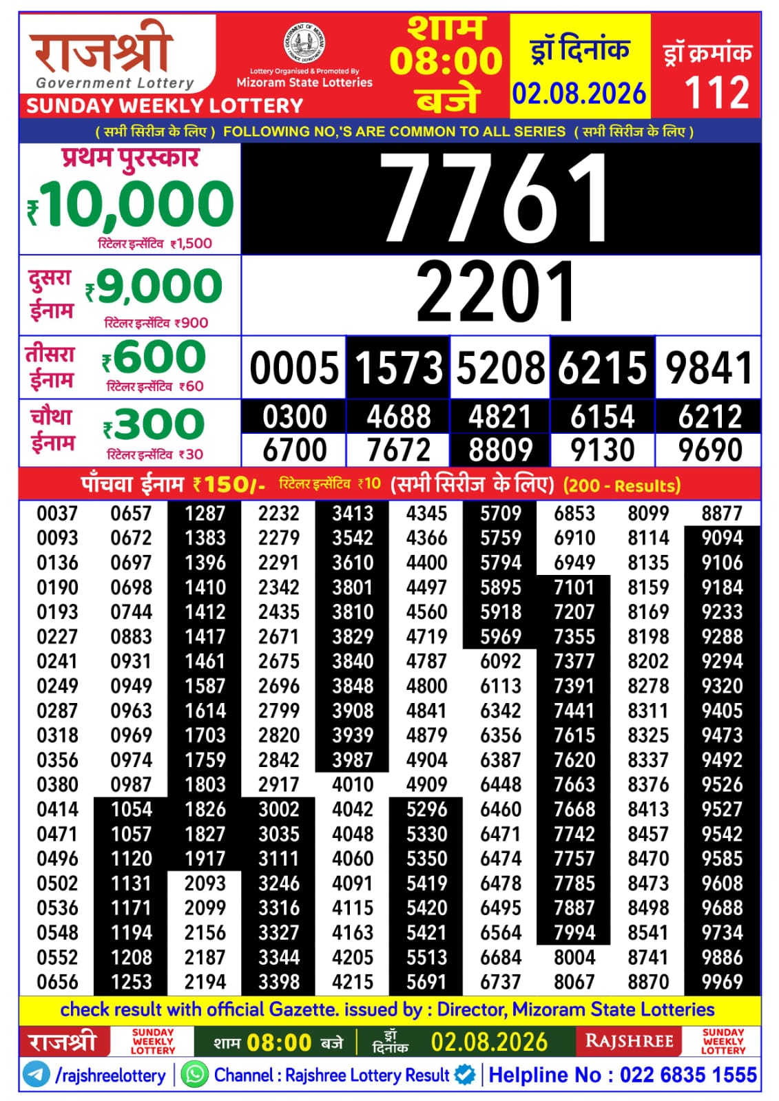Rajshree 8 PM Result 02 August 2026