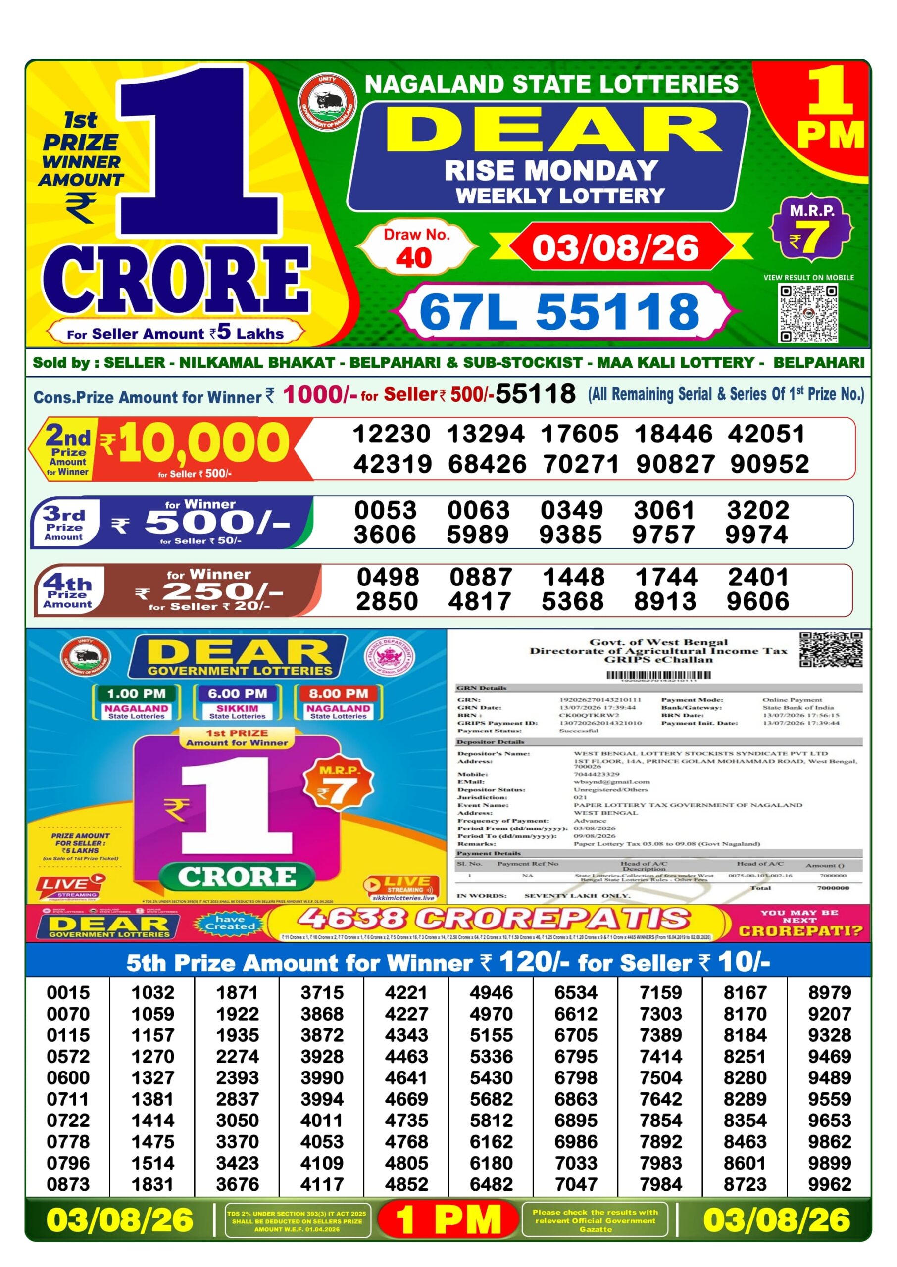 Dear 1 PM Result 03 August 2026