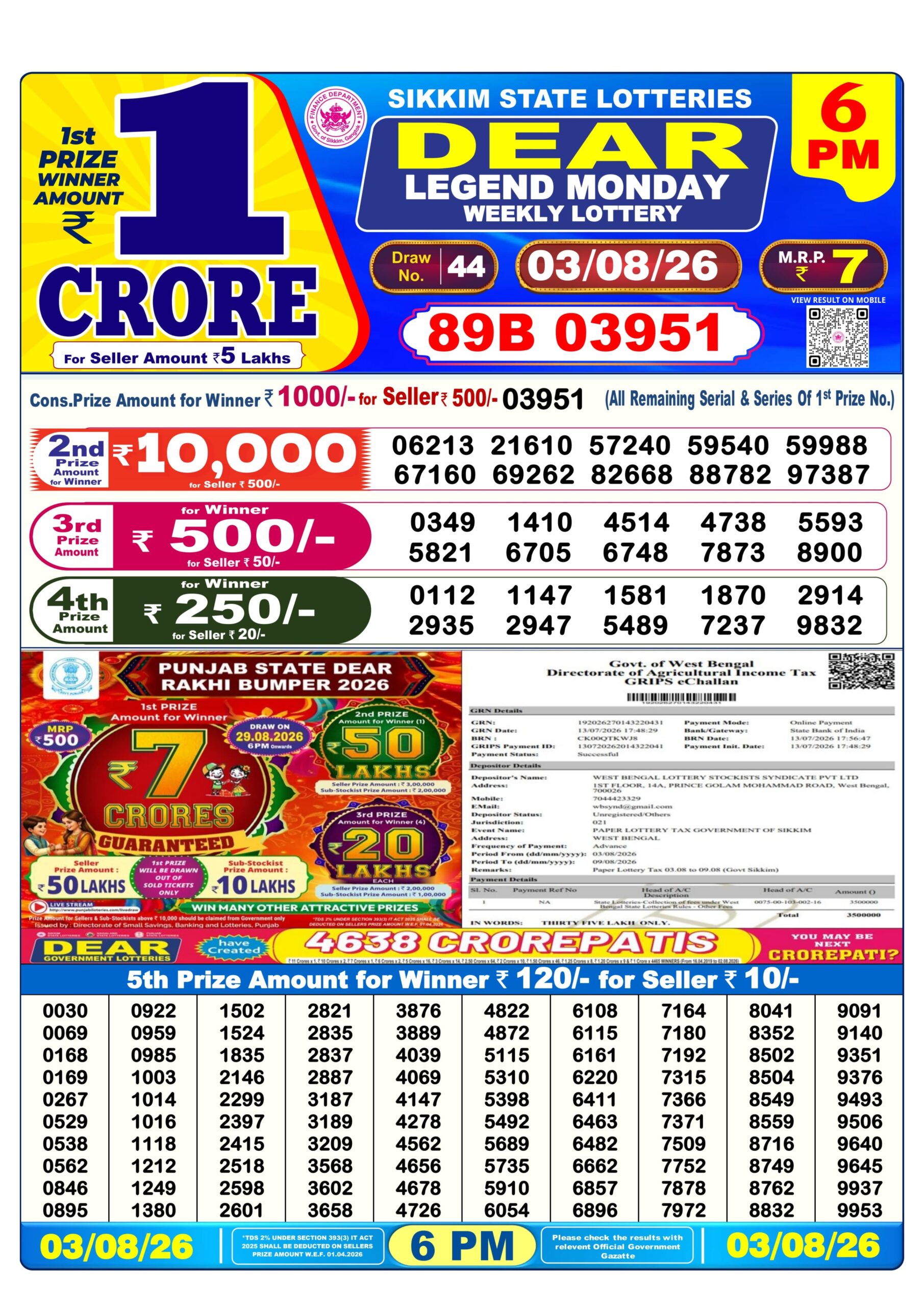 Dear 6 PM Result 03 August 2026