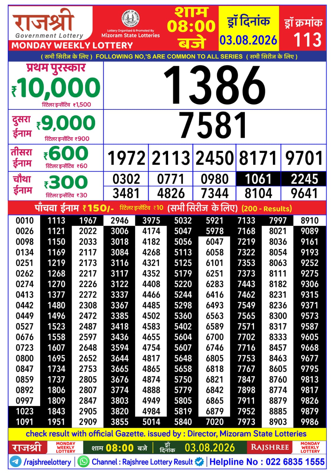 Rajshree 8 PM Result 03 August 2026
