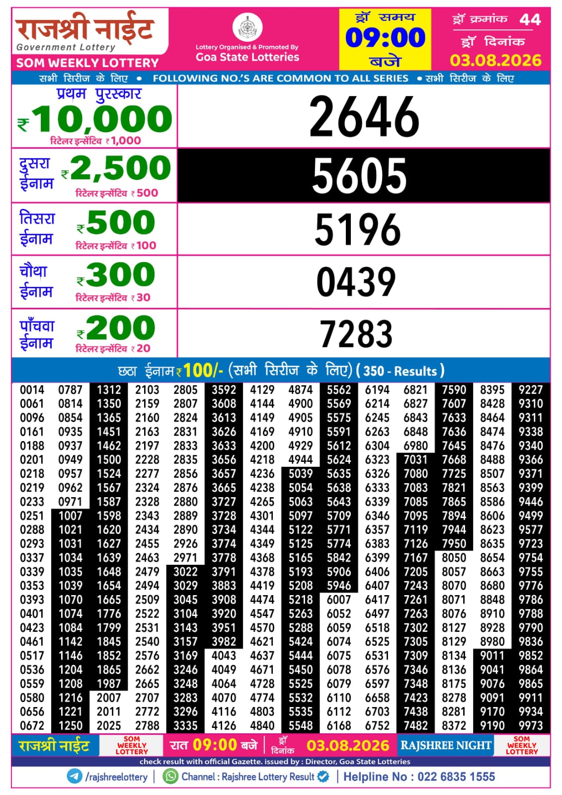 Rajshree Night 9 PM Result 03 August 2026