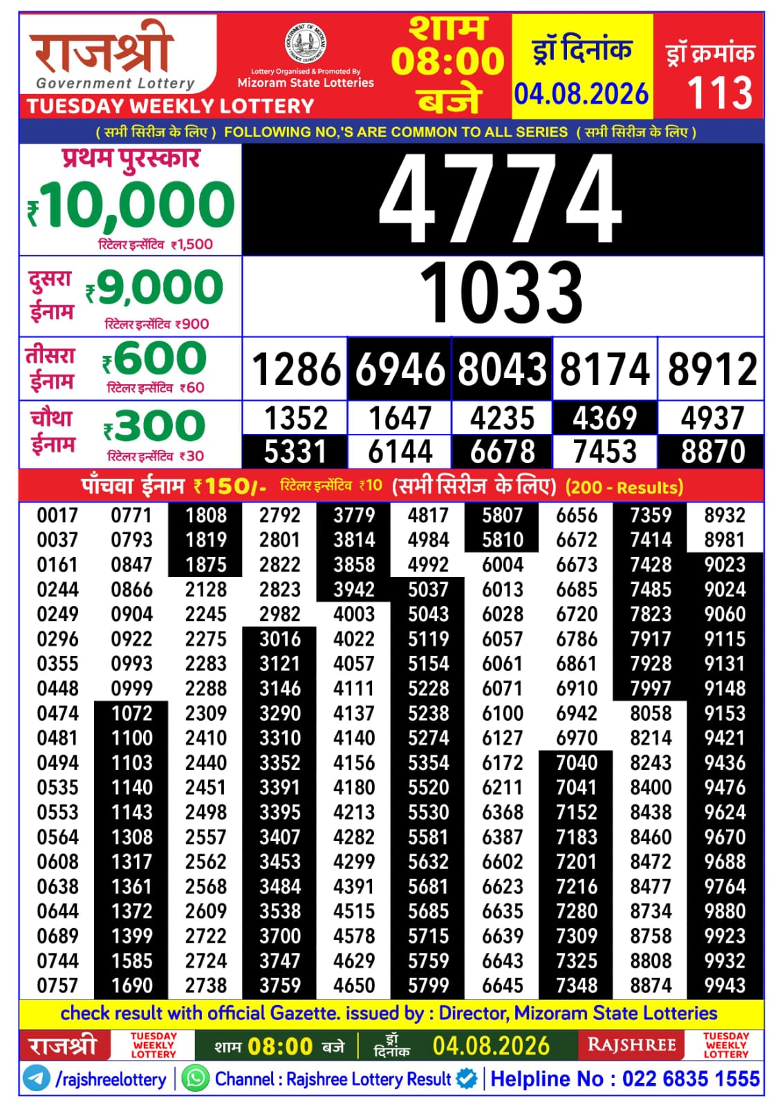 Rajshree 8 PM Result 04 August 2026
