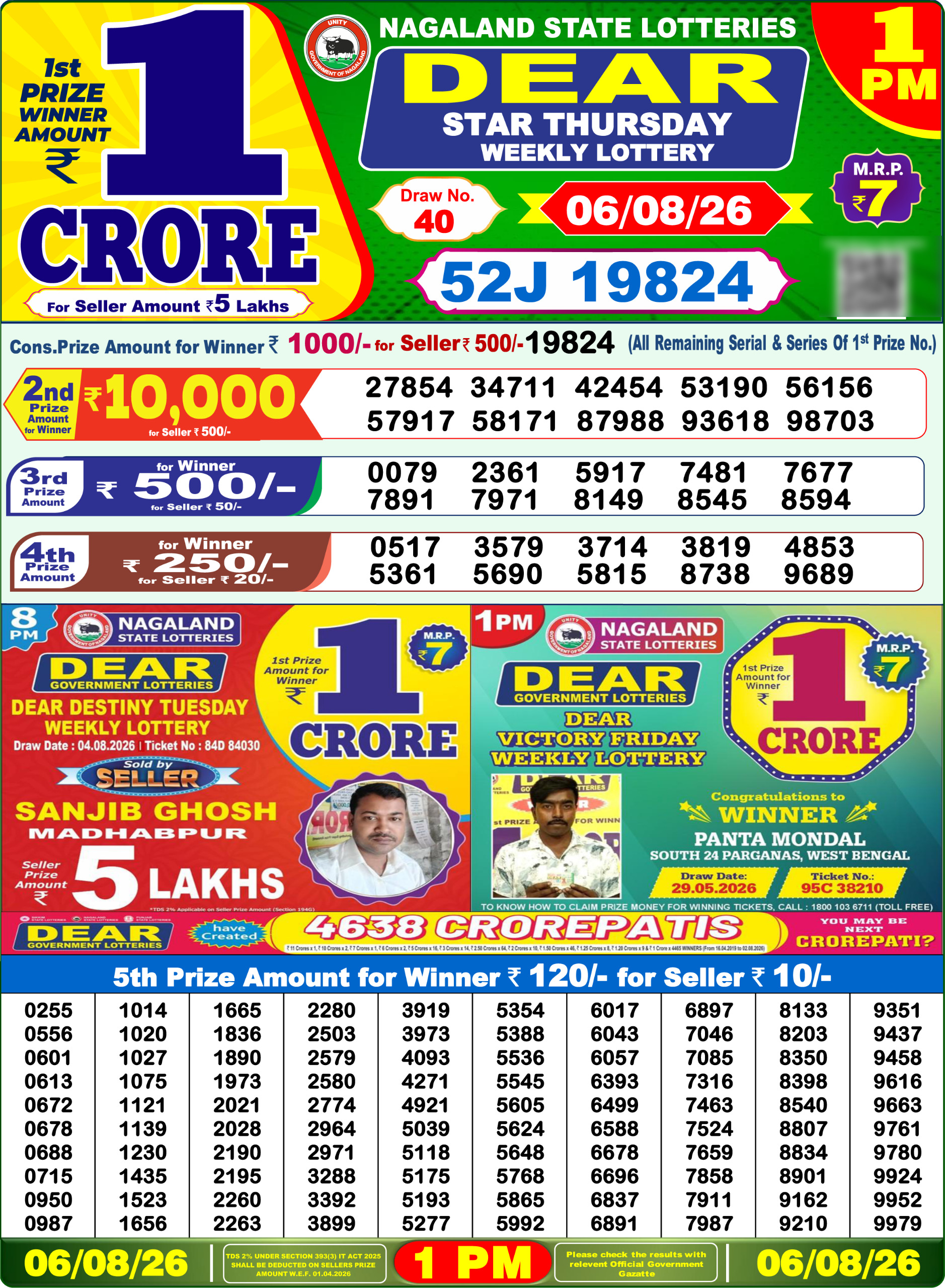 Dear 1 PM Result 06 August 2026