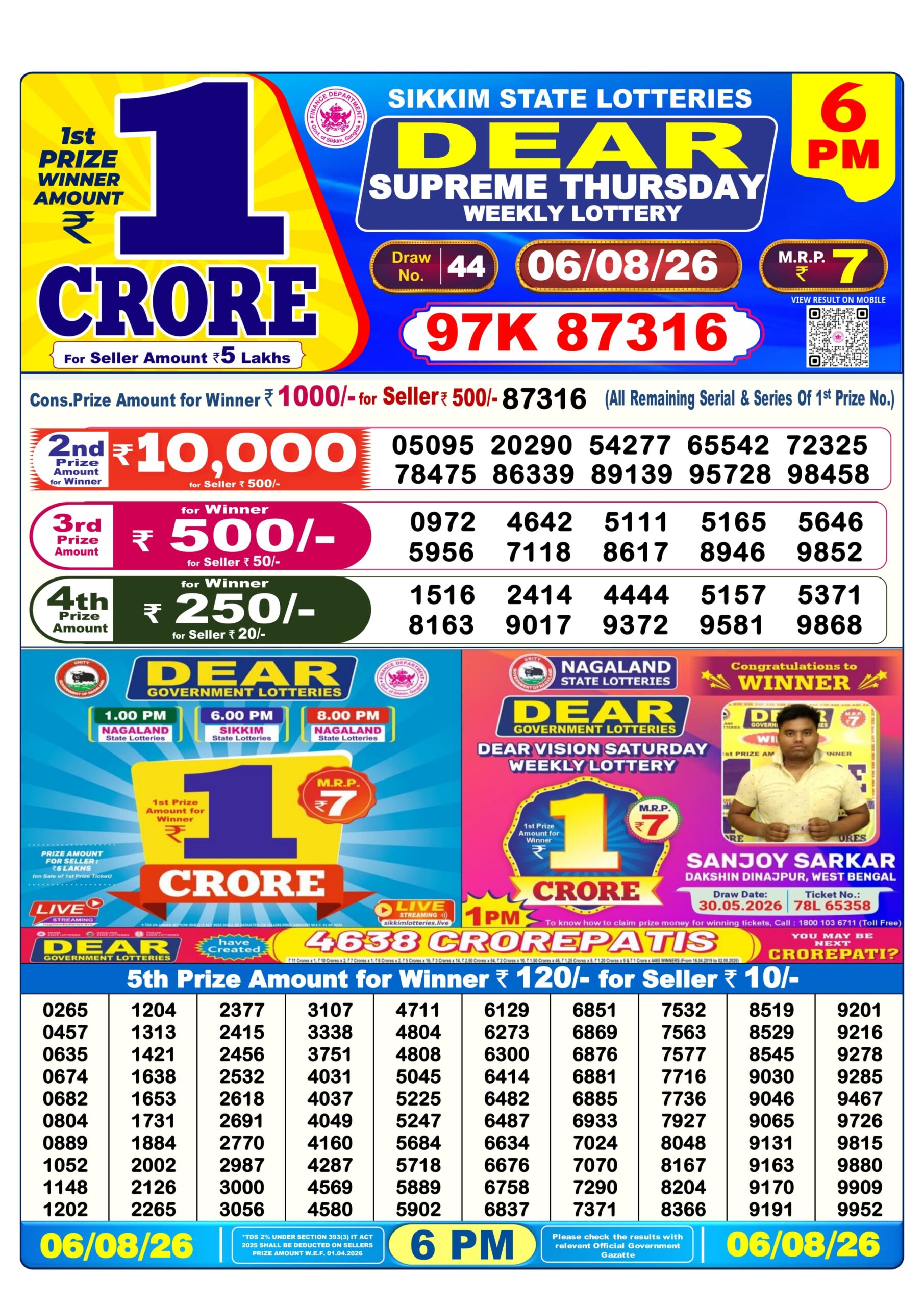 Dear 6 PM Result 06 August 2026