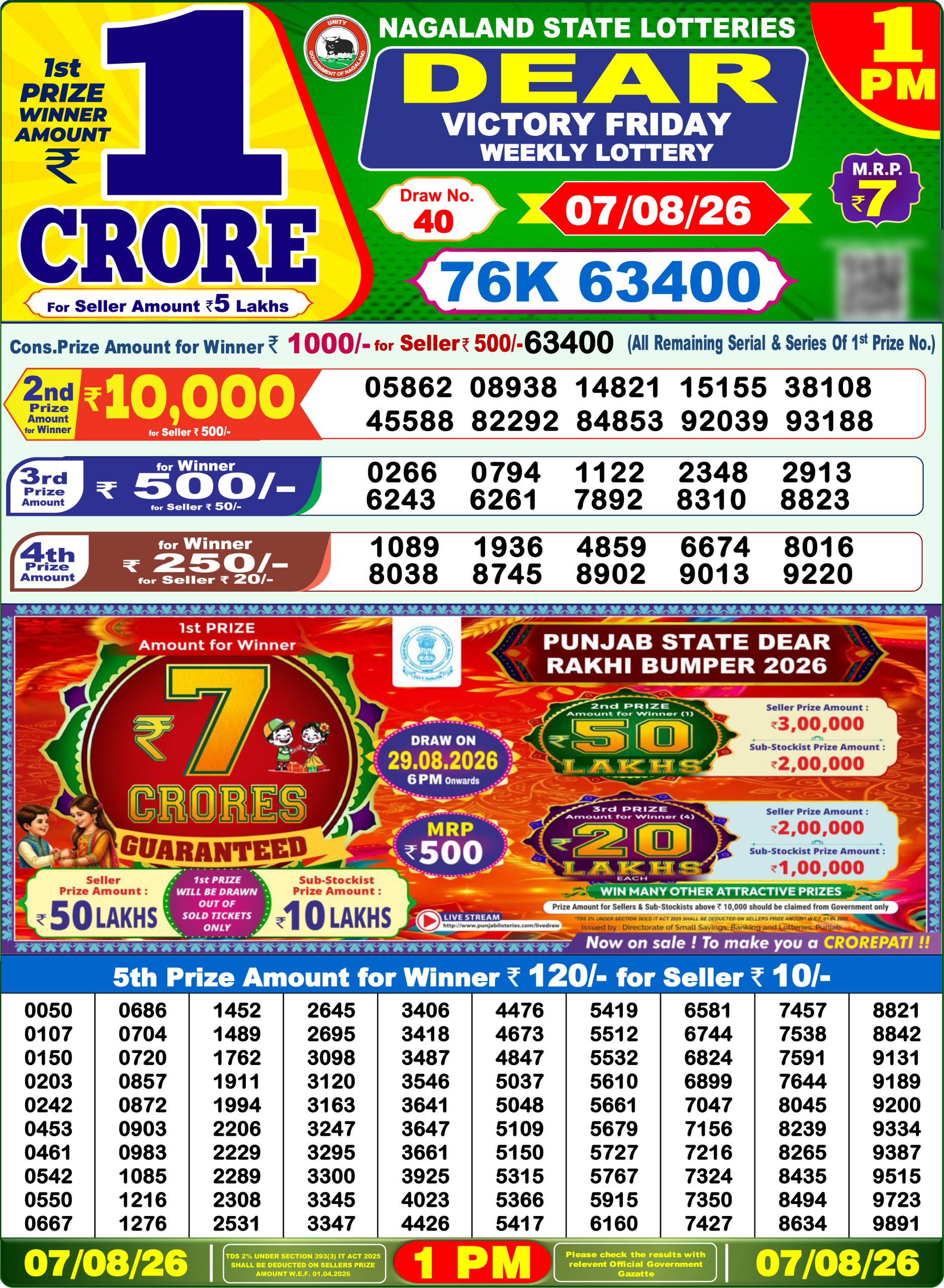 Dear 1 PM Result 07 August 2026