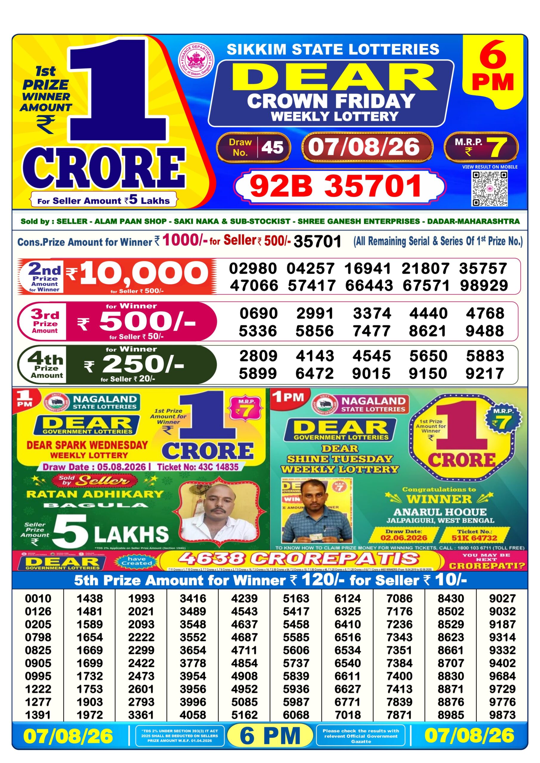 Dear 6 PM Result 07 August 2026