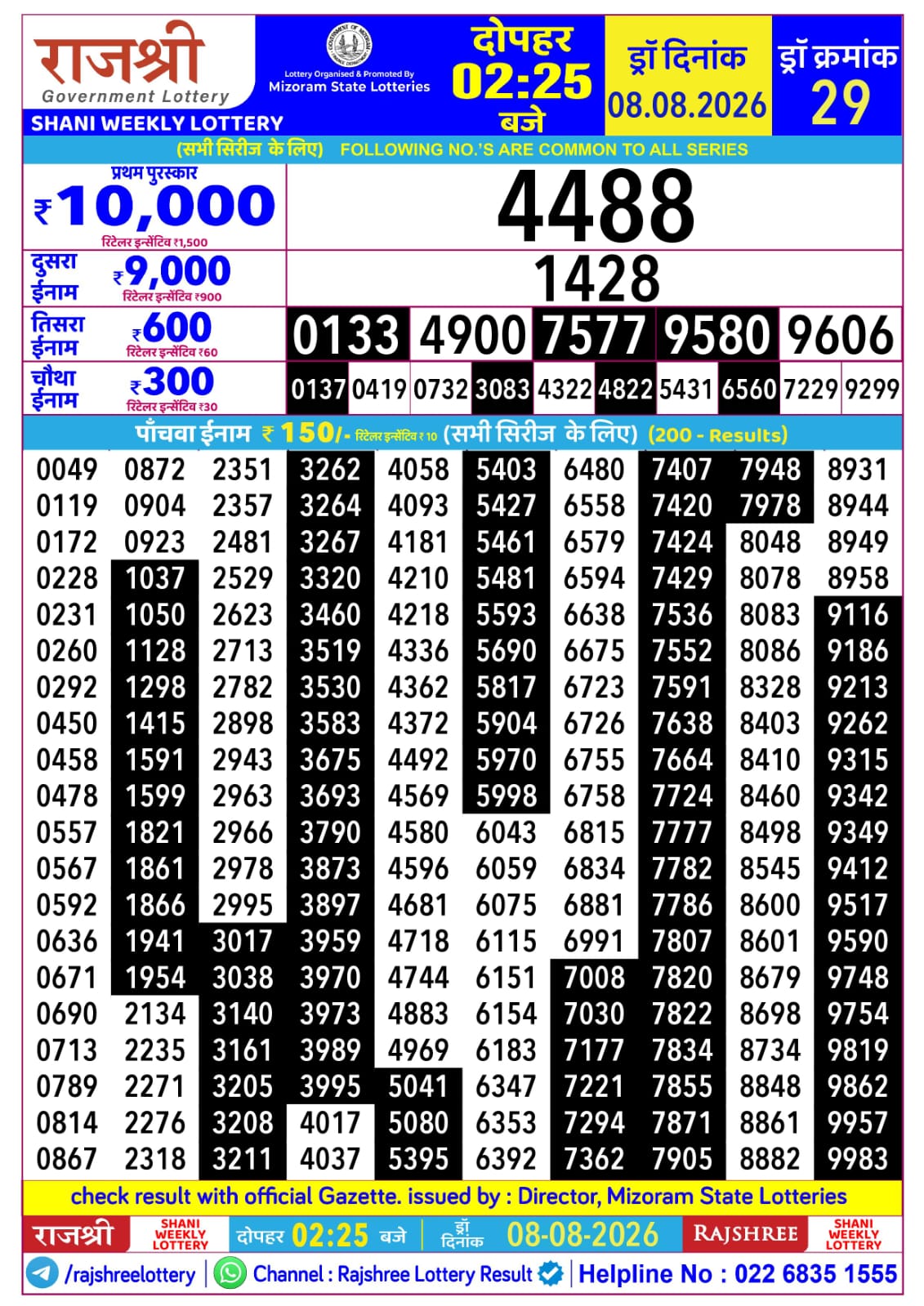 Rajshree 2:25 PM Result 08 August 2026