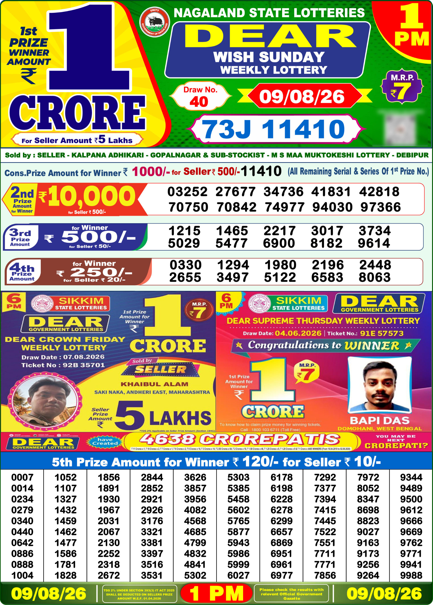 Dear 1 PM Result 09 August 2026