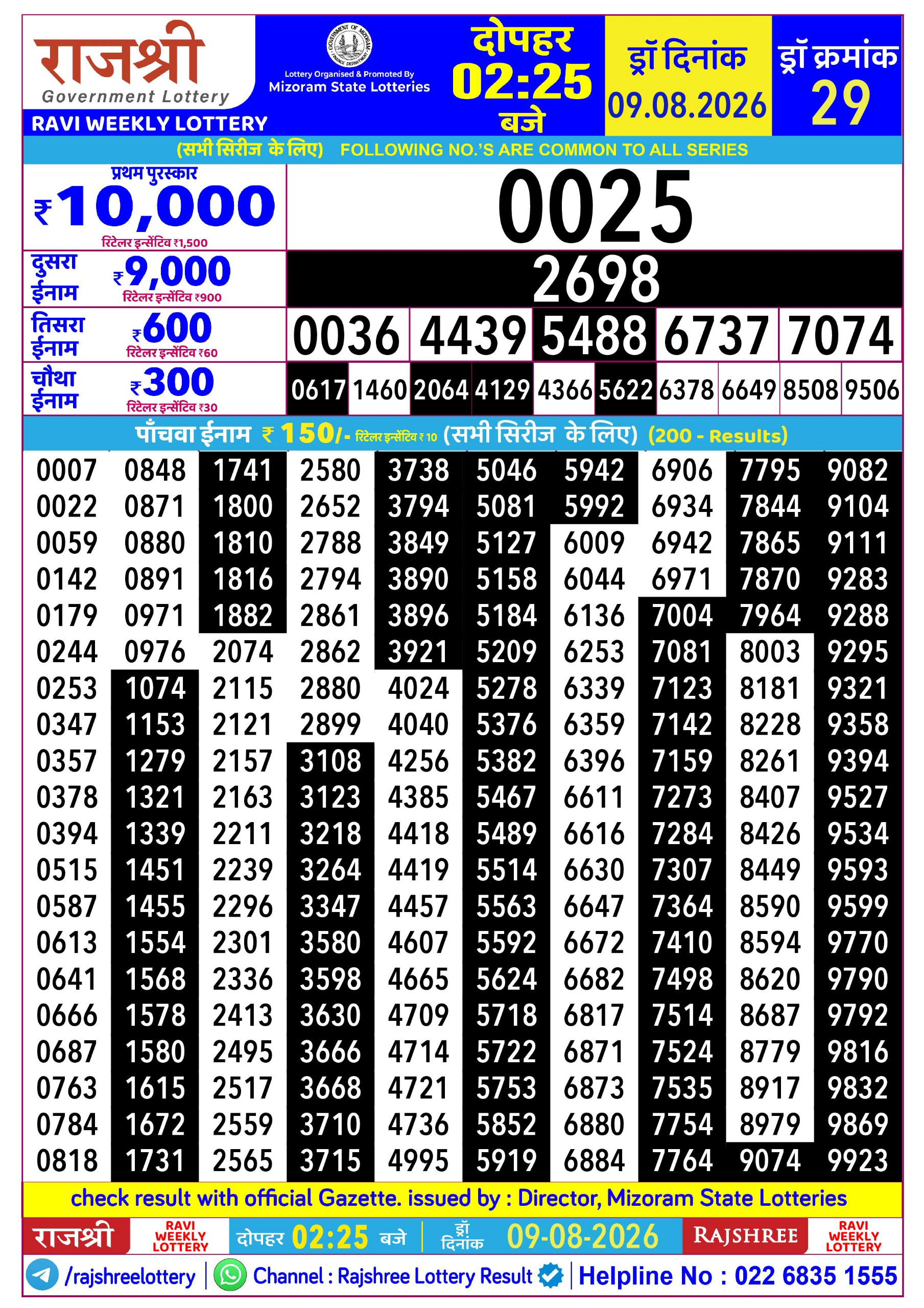 Rajshree 2:25 PM Result 09 August 2026