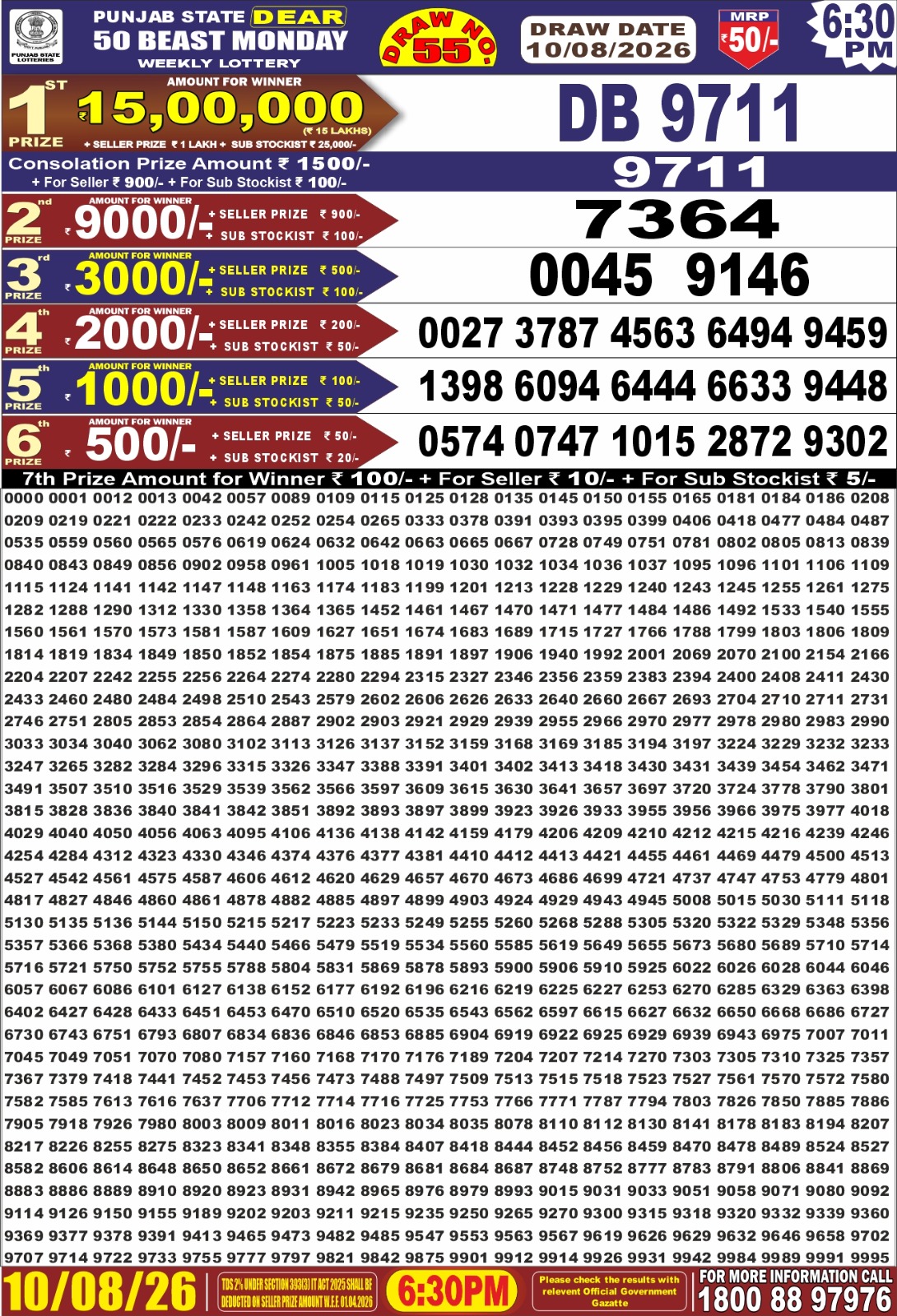 Punjab Dear 50 6:30 PM Result 10 August 2026