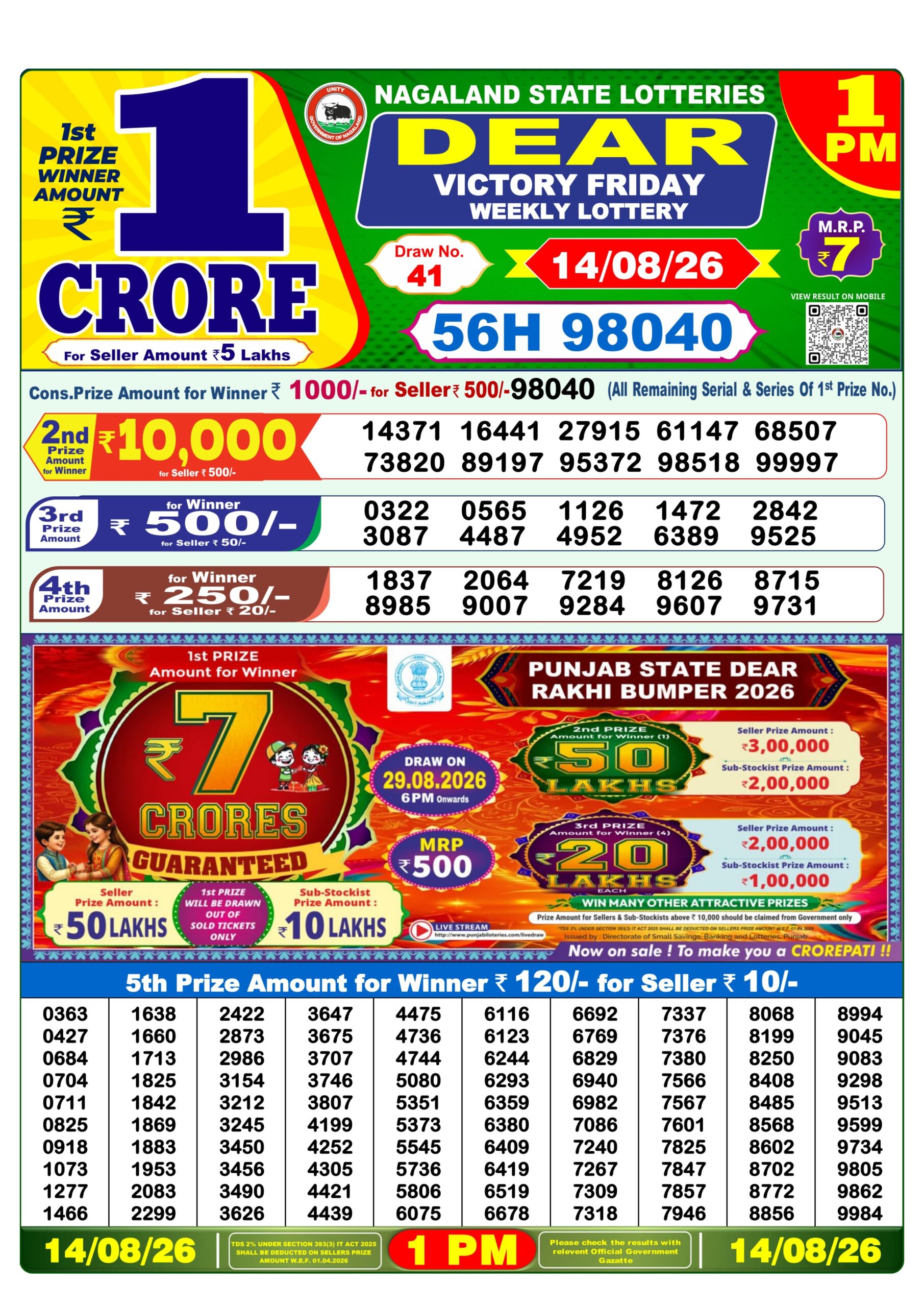 Dear 1 PM Result 14 August 2026