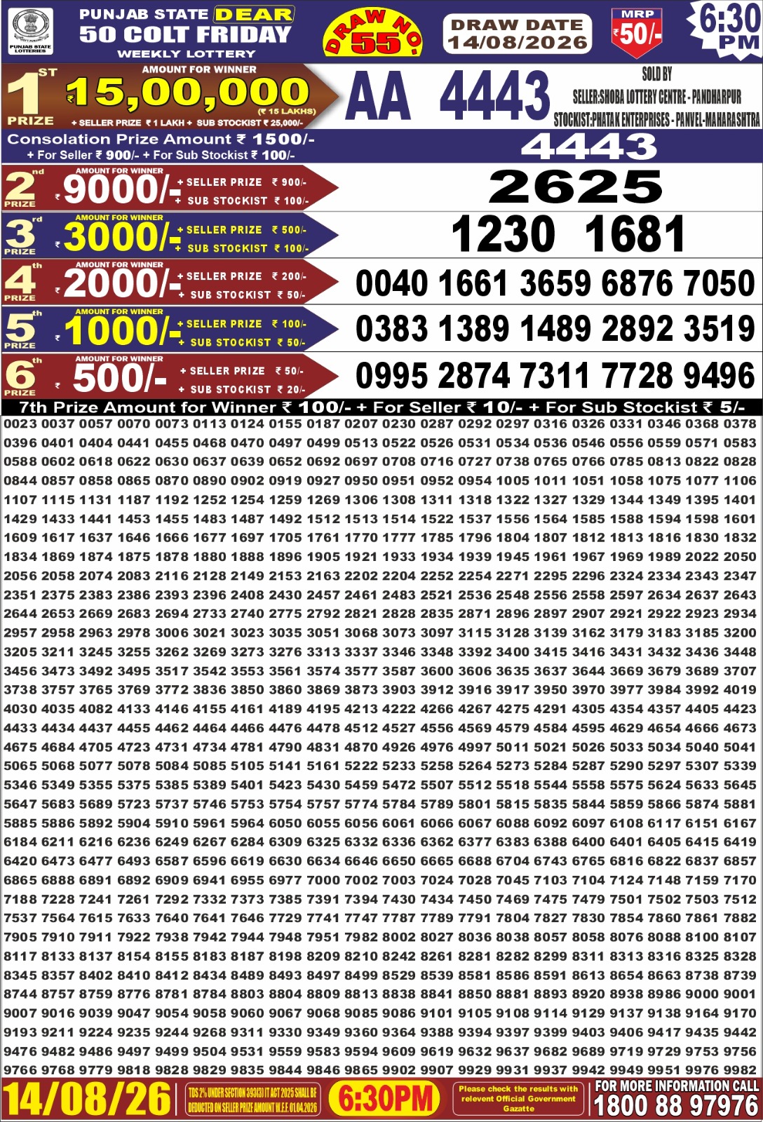 Punjab Dear 50 6:30 PM Result 14 August 2026